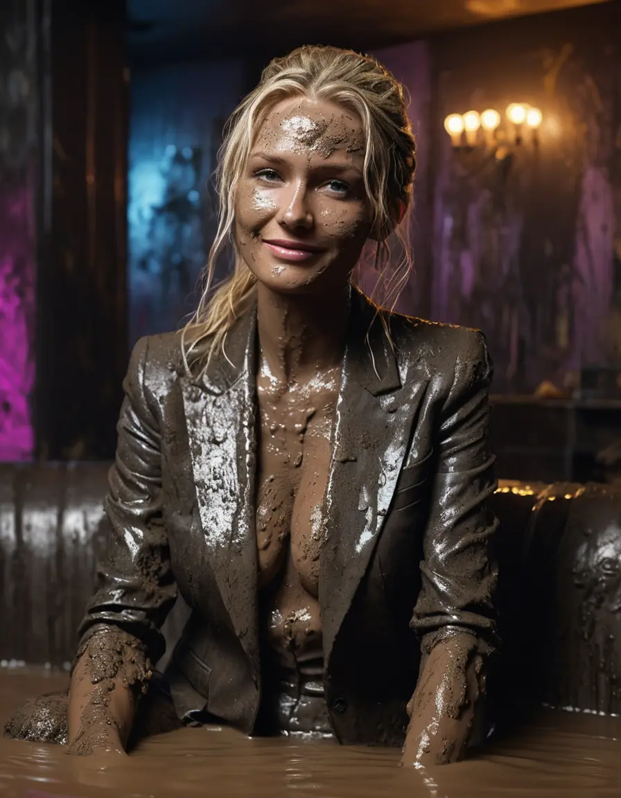 photo of young woman, in soaking wet, drenched clothes,
Black very high heels, Muddy long black suit trousers, Totally trashed and discoloured black muddy blazer like a fancy uniform over topless with huge muddy boobs, Muddy party in a dark muddy club. Mud splashed walls with mud-flooded floor. Dark mood lighting with pink and blue neon lights. Muddy furnitures and mud-covered sofas and chairs in the background., 
enjoying, wet clothes stuck to body,
detailed textures of the wet clothes, wet face, wet plastered hair,
wet, drenched, professional, high-quality details, full body view.
sharp focus, ultra-high pixel detail, realistic, high-quality, full colors, incredibly detailed, 4k, 8k, 16k, hyper-realistic, RAW photo, masterpiece, ultra-detailed, professionally color graded, professional photograph, Three elegant sixty years old skinny cute beautiful stunning blonde lesbian seductive tall business mature women are sitting in a mud-filled jacuzzi close to each other during the indoor muddy disco. Their expensive formal clothes are filled with mud and totally mud-covered. Total muddy appearance. The classy elegant club is totally destroyed by mud, deep liquid mud on the floor and on the couch, mud spots everywhere, mud flows down on the walls and mud on the furnitures in the background. Stylish straight long hairstyle, muddy hair, smiling mudy faces, blue eyes. The women enjoying to be muddy, be dirty and be sexy while they are enjoying the muddy fetish party. Realistic boobs, realistic huge saggy boobs and nipples and photorealistic detailed happy and satisfied facial expressions. Intimate close-up picture about the old women from above. High heels and trousers are visible on the photo. Close-up photo, highly realistic representation, ultra sharp focus, highly photorealistic detailed textures, highly photorealistic detailed facial features and expressions, highly photorealistic hands, highly emotional reactions, highly best quality, highly sharp photorealistic image, highly photorealistic details, full UHD resolution, 32 K, very high level of detail and image sharpness, zoomed in