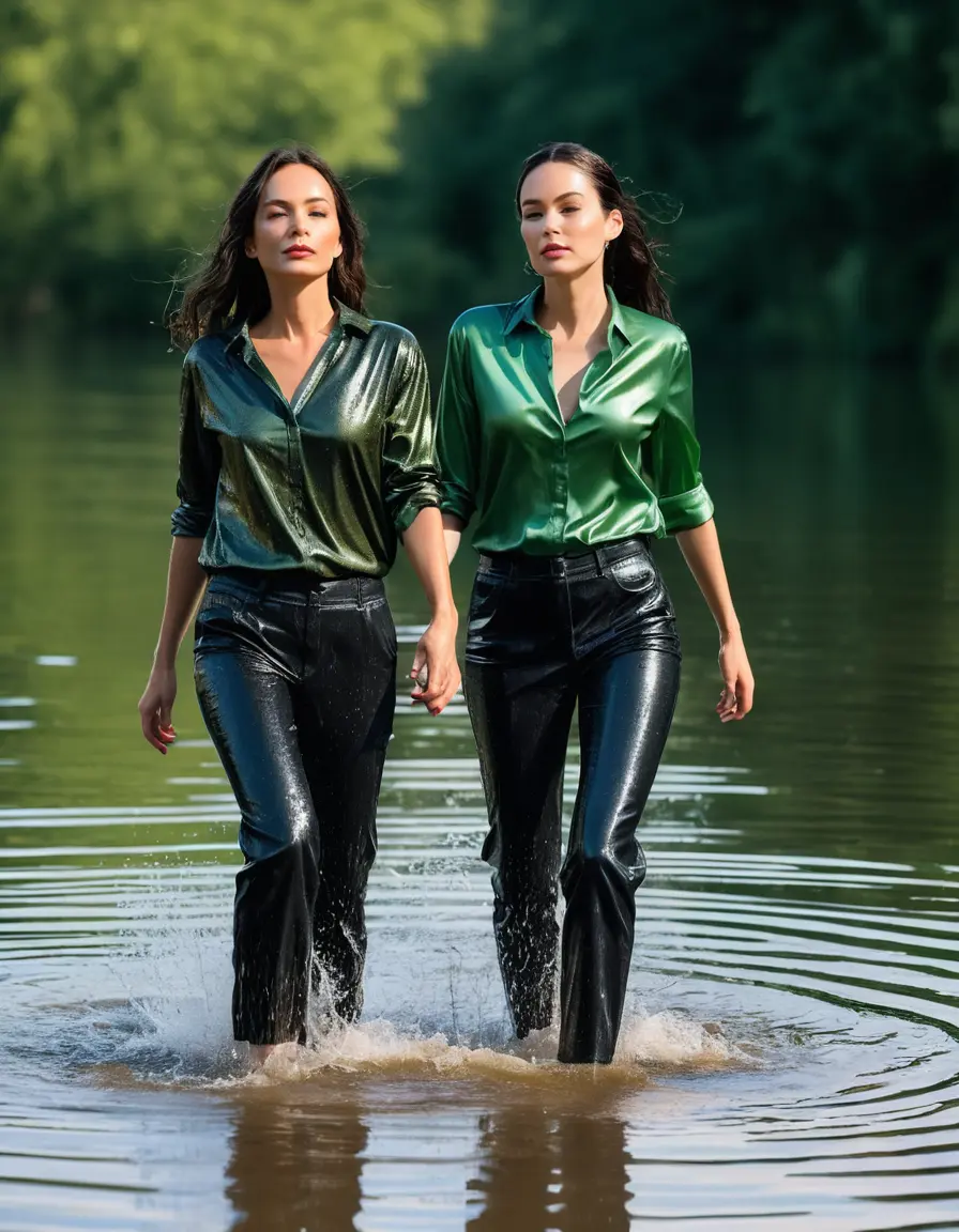 photo of young woman, in soaking wet, drenched clothes,
sneaker, black wet glistening office jeans trousers, green silk satin shirt, two women walking in sunny lake, sunny day, 
enjoying, wet clothes stuck to body,
detailed textures of the wet clothes, wet face, wet plastered hair,
wet, drenched, professional, high-quality details, full body view.
sharp focus, ultra-high pixel detail, realistic, high-quality, full colors, incredibly detailed, 4k, 8k, 16k, hyper-realistic, RAW photo, masterpiece, ultra-detailed, professionally color graded, professional photograph, woman 51 years old, black long hair, complete body, very big lips, s, open mouth