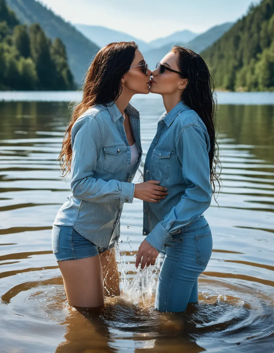 photo of young woman, in soaking wet, drenched clothes,
sneaker, light blue wet office jeans trousers, light blue jeans shirt with long sleeves, two women kissing in sunny lake, sunny day, 
enjoying, wet clothes stuck to body,
detailed textures of the wet clothes, wet face, wet plastered hair,
wet, drenched, professional, high-quality details, full body view.
sharp focus, ultra-high pixel detail, realistic, high-quality, full colors, incredibly detailed, 4k, 8k, 16k, hyper-realistic, RAW photo, masterpiece, ultra-detailed, professionally color graded, professional photograph, woman 51 years old, black long hair, complete body, very big lips, office sun light glasses, open mouth