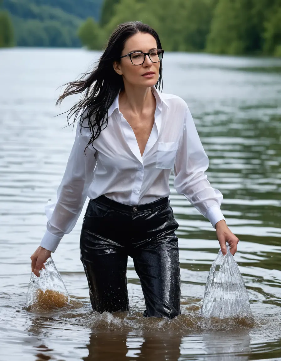 photo of young woman, in soaking wet, drenched clothes,
sneaker, black wet glistening office jeans trousers, white silk satin shirt, mature woman walking in sunny lake, sunny day, 
enjoying, wet clothes stuck to body,
detailed textures of the wet clothes, wet face, wet plastered hair,
wet, drenched, professional, high-quality details, full body view.
sharp focus, ultra-high pixel detail, realistic, high-quality, full colors, incredibly detailed, 4k, 8k, 16k, hyper-realistic, RAW photo, masterpiece, ultra-detailed, professionally color graded, professional photograph, woman 51 years old, black long hair, complete body, very big lips, office glasses, open mouth
