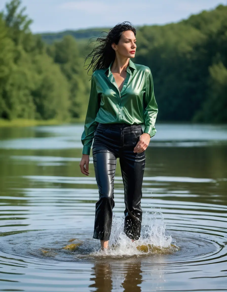 photo of young woman, in soaking wet, drenched clothes,
sneaker, black wet glistening office jeans trousers, green silk satin shirt, mature woman walking in sunny lake, sunny day, 
enjoying, wet clothes stuck to body,
detailed textures of the wet clothes, wet face, wet plastered hair,
wet, drenched, professional, high-quality details, full body view.
sharp focus, ultra-high pixel detail, realistic, high-quality, full colors, incredibly detailed, 4k, 8k, 16k, hyper-realistic, RAW photo, masterpiece, ultra-detailed, professionally color graded, professional photograph, woman 51 years old, black long hair, complete body, very big lips, s, open mouth