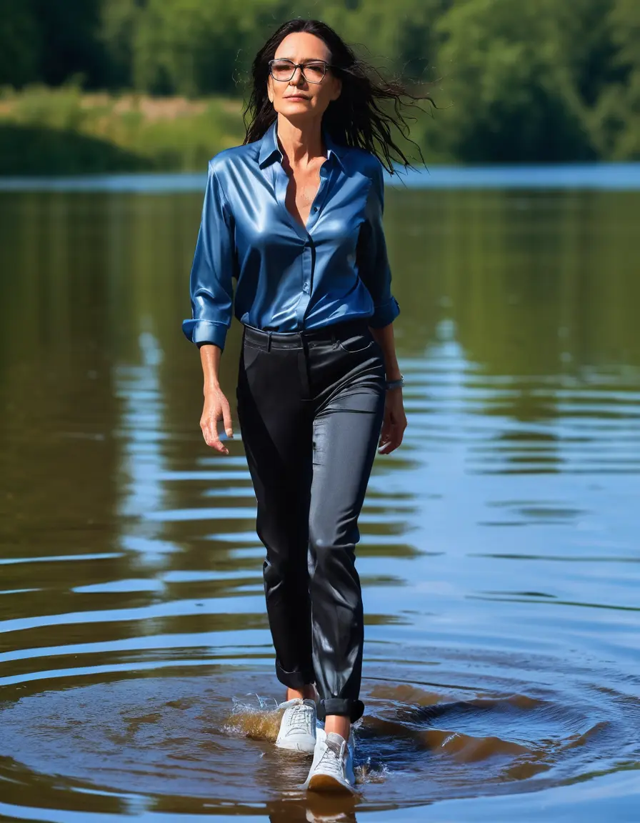 photo of young woman, in soaking wet, drenched clothes,
sneaker, black wet glistening office jeans trousers, dark blue silk satin shirt, mature woman walking in sunny lake, sunny day, 
enjoying, wet clothes stuck to body,
detailed textures of the wet clothes, wet face, wet plastered hair,
wet, drenched, professional, high-quality details, full body view.
sharp focus, ultra-high pixel detail, realistic, high-quality, full colors, incredibly detailed, 4k, 8k, 16k, hyper-realistic, RAW photo, masterpiece, ultra-detailed, professionally color graded, professional photograph, woman 51 years old, black long hair, complete body, very big thin lips, office glasses, open mouth