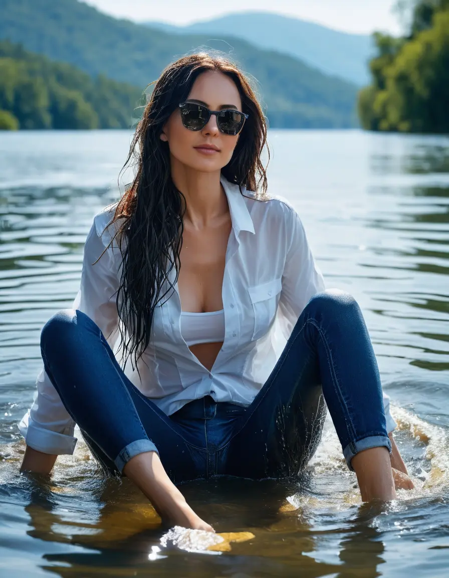 photo of young woman, in soaking wet, drenched clothes,
sneaker, long blue tight wet glistening high-waisted jeans, white top, swiming in sunny lake, under deep water, sunny day, 
enjoying, wet clothes stuck to body,
detailed textures of the wet clothes, wet face, wet plastered hair,
wet, drenched, professional, high-quality details, full body view.
sharp focus, ultra-high pixel detail, realistic, high-quality, full colors, incredibly detailed, 4k, 8k, 16k, hyper-realistic, RAW photo, masterpiece, ultra-detailed, professionally color graded, professional photograph, woman 51 years old, black long hair, complete body, office sun light glasses