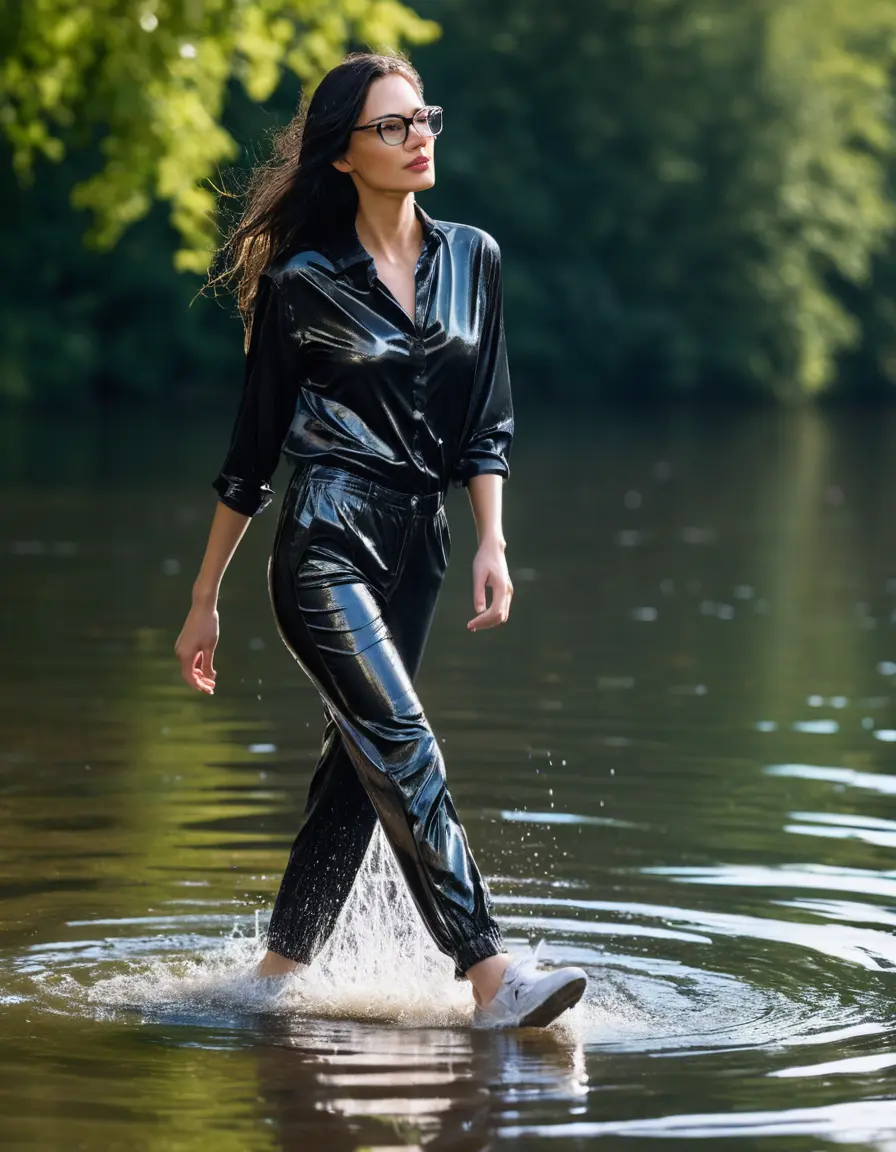 photo of young woman, in soaking wet, drenched clothes,
sneaker, black wet glistening office trousers, black silk satin shirt, woman walking in sunny lake, sunny day, 
enjoying, wet clothes stuck to body,
detailed textures of the wet clothes, wet face, wet plastered hair,
wet, drenched, professional, high-quality details, full body view.
sharp focus, ultra-high pixel detail, realistic, high-quality, full colors, incredibly detailed, 4k, 8k, 16k, hyper-realistic, RAW photo, masterpiece, ultra-detailed, professionally color graded, professional photograph, woman 51 years old, black long hair, complete body, very big thin lips, office glasses, open mouth
