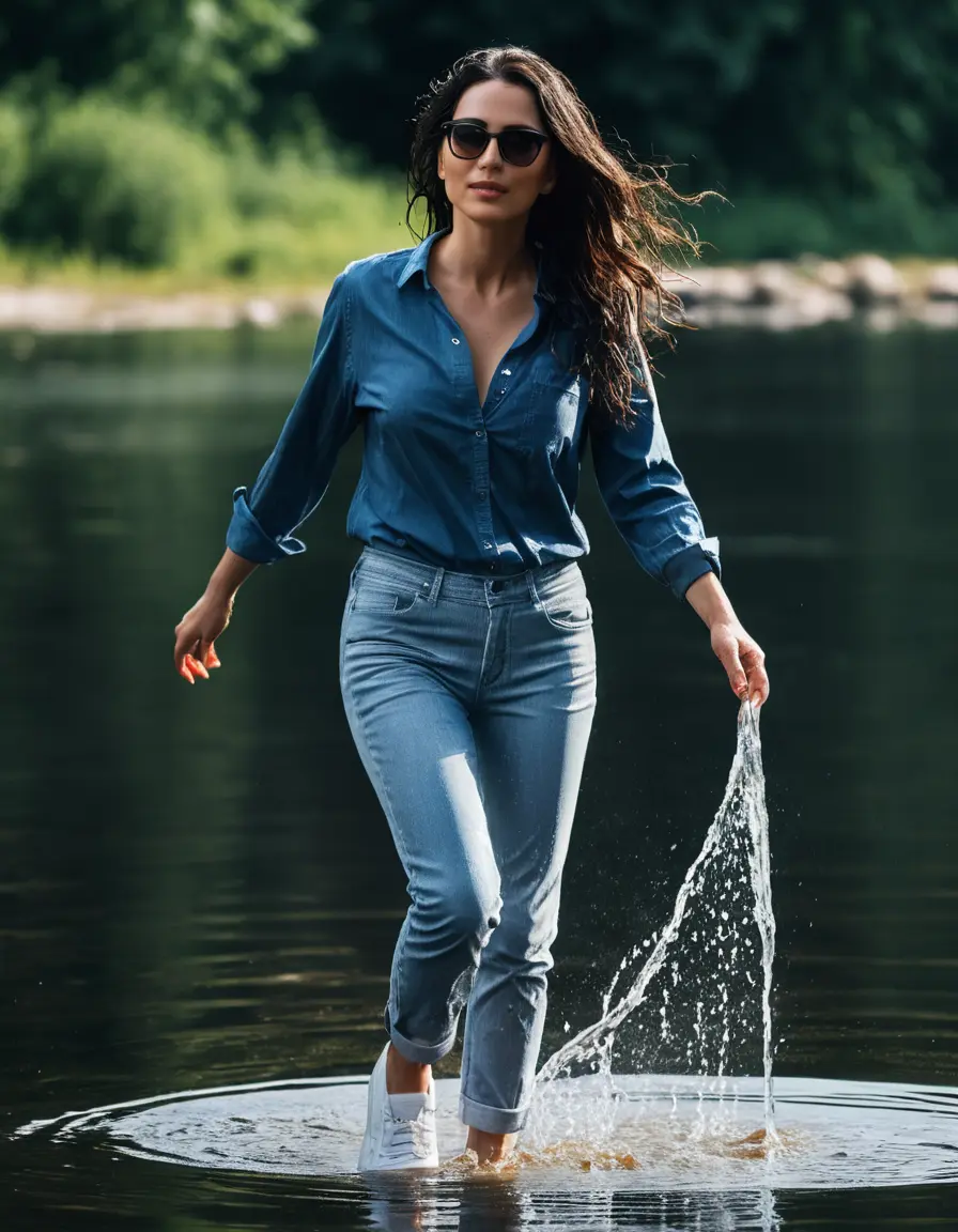 photo of young woman, in soaking wet, drenched clothes,
sneaker, light blue wet office jeans trousers, dark blue top, woman walking in sunny lake, sunny day, 
enjoying, wet clothes stuck to body,
detailed textures of the wet clothes, wet face, wet plastered hair,
wet, drenched, professional, high-quality details, full body view.
sharp focus, ultra-high pixel detail, realistic, high-quality, full colors, incredibly detailed, 4k, 8k, 16k, hyper-realistic, RAW photo, masterpiece, ultra-detailed, professionally color graded, professional photograph, woman 51 years old, black long hair, complete body, very big lips, office sun light glasses, open mouth