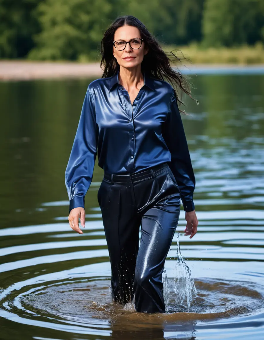photo of young woman, in soaking wet, drenched clothes,
sneaker, black wet glistening office trousers, dark blue silk satin shirt, mature woman walking in sunny lake, sunny day, 
enjoying, wet clothes stuck to body,
detailed textures of the wet clothes, wet face, wet plastered hair,
wet, drenched, professional, high-quality details, full body view.
sharp focus, ultra-high pixel detail, realistic, high-quality, full colors, incredibly detailed, 4k, 8k, 16k, hyper-realistic, RAW photo, masterpiece, ultra-detailed, professionally color graded, professional photograph, woman 51 years old, black long hair, complete body, very big thin lips, office glasses, open mouth
