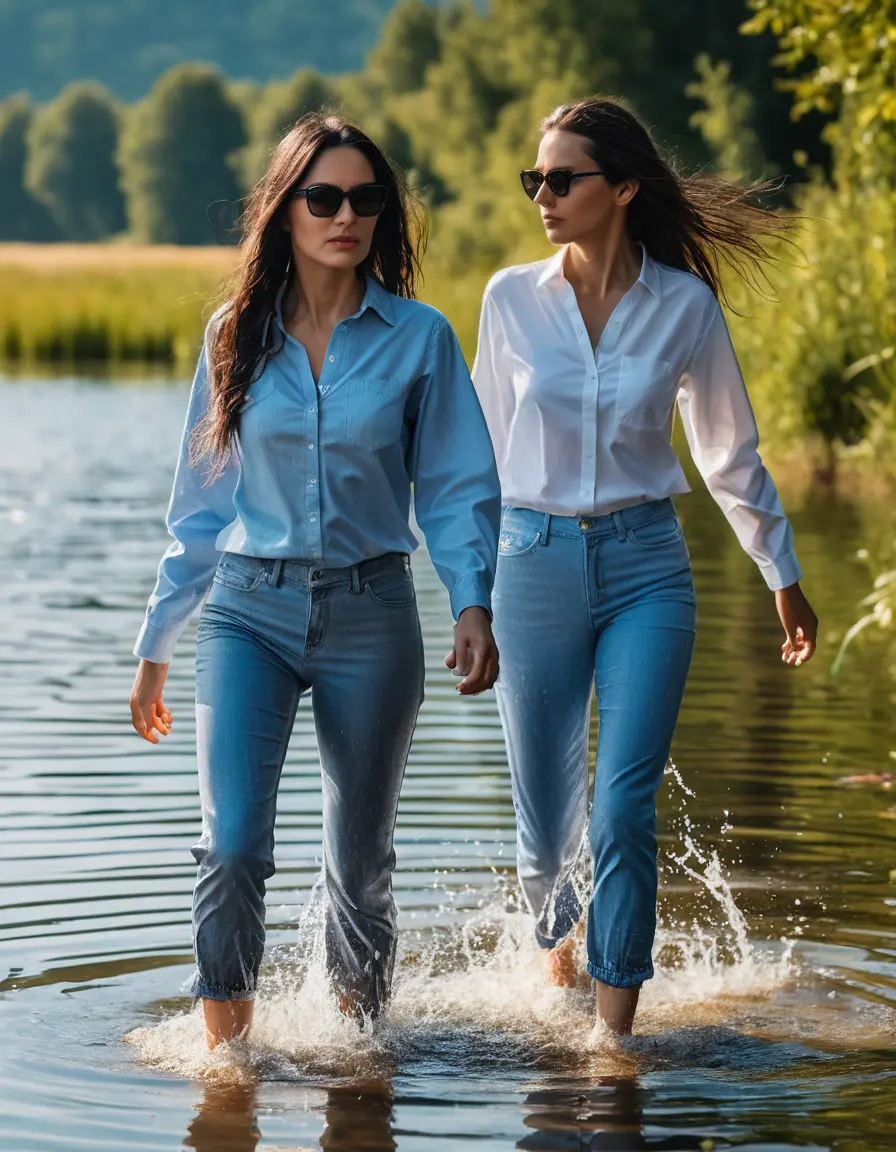 photo of young woman, in soaking wet, drenched clothes,
sneaker, light blue wet office jeans trousers, light blue jeans shirt with long sleeves, two women walking in sunny lake, sunny day, 
enjoying, wet clothes stuck to body,
detailed textures of the wet clothes, wet face, wet plastered hair,
wet, drenched, professional, high-quality details, full body view.
sharp focus, ultra-high pixel detail, realistic, high-quality, full colors, incredibly detailed, 4k, 8k, 16k, hyper-realistic, RAW photo, masterpiece, ultra-detailed, professionally color graded, professional photograph, woman 51 years old, black long hair, complete body, very big lips, office sun light glasses, open mouth