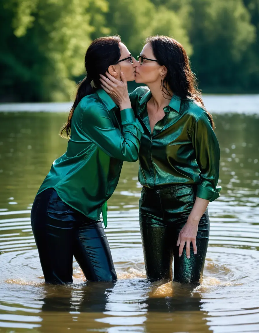 photo of young woman, in soaking wet, drenched clothes,
sneaker, black wet glistening office jeans trousers, green silk satin shirt, two mature women kissing in sunny lake, sunny day, 
enjoying, wet clothes stuck to body,
detailed textures of the wet clothes, wet face, wet plastered hair,
wet, drenched, professional, high-quality details, full body view.
sharp focus, ultra-high pixel detail, realistic, high-quality, full colors, incredibly detailed, 4k, 8k, 16k, hyper-realistic, RAW photo, masterpiece, ultra-detailed, professionally color graded, professional photograph, woman 51 years old, black long hair, complete body, very big lips, office glasses, open mouth