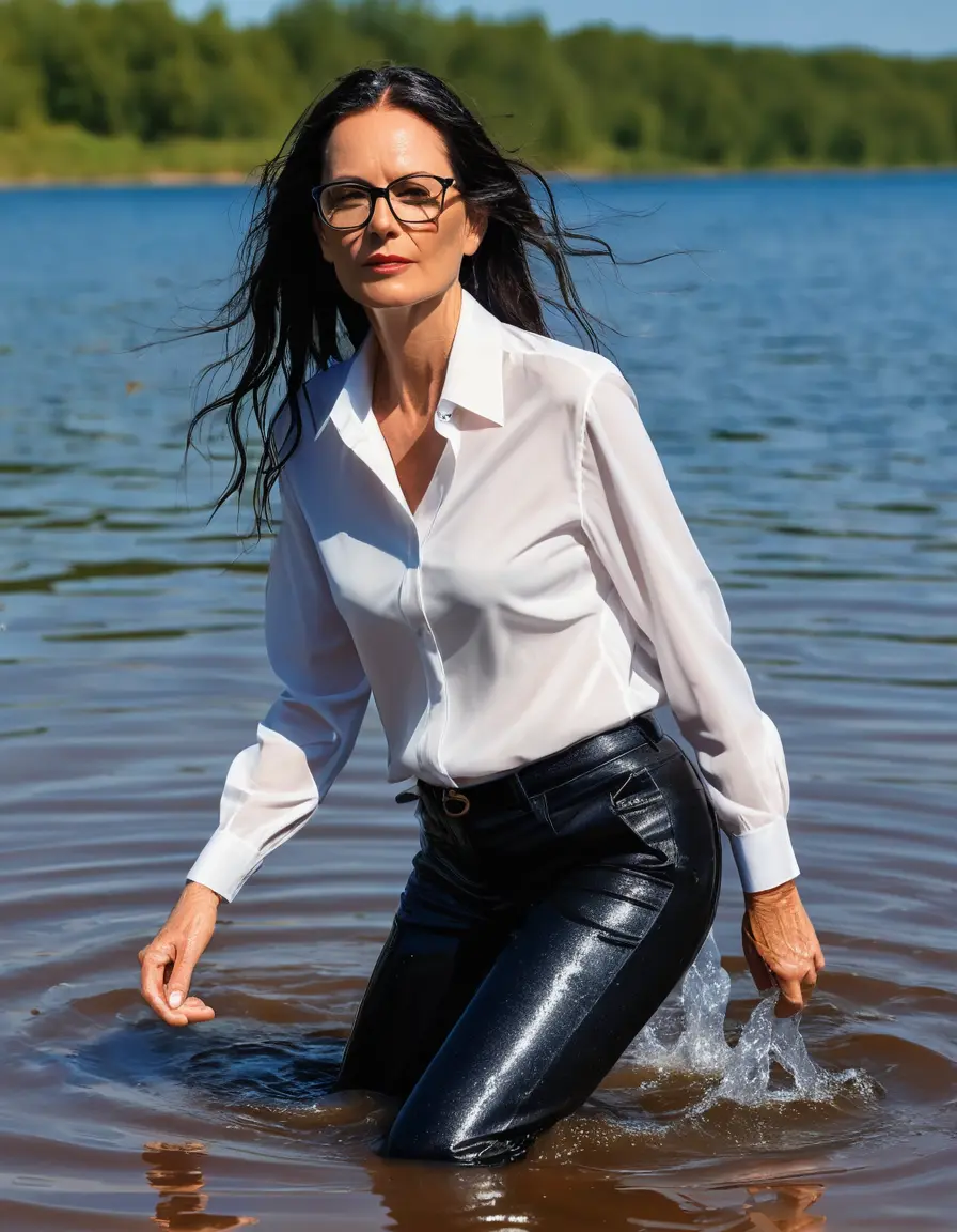photo of young woman, in soaking wet, drenched clothes,
sneaker, black wet glistening office jeans trousers, white silk satin shirt, mature woman walking in sunny lake, sunny day, 
enjoying, wet clothes stuck to body,
detailed textures of the wet clothes, wet face, wet plastered hair,
wet, drenched, professional, high-quality details, full body view.
sharp focus, ultra-high pixel detail, realistic, high-quality, full colors, incredibly detailed, 4k, 8k, 16k, hyper-realistic, RAW photo, masterpiece, ultra-detailed, professionally color graded, professional photograph, woman 51 years old, black long hair, complete body, very big thin lips, office glasses, open mouth