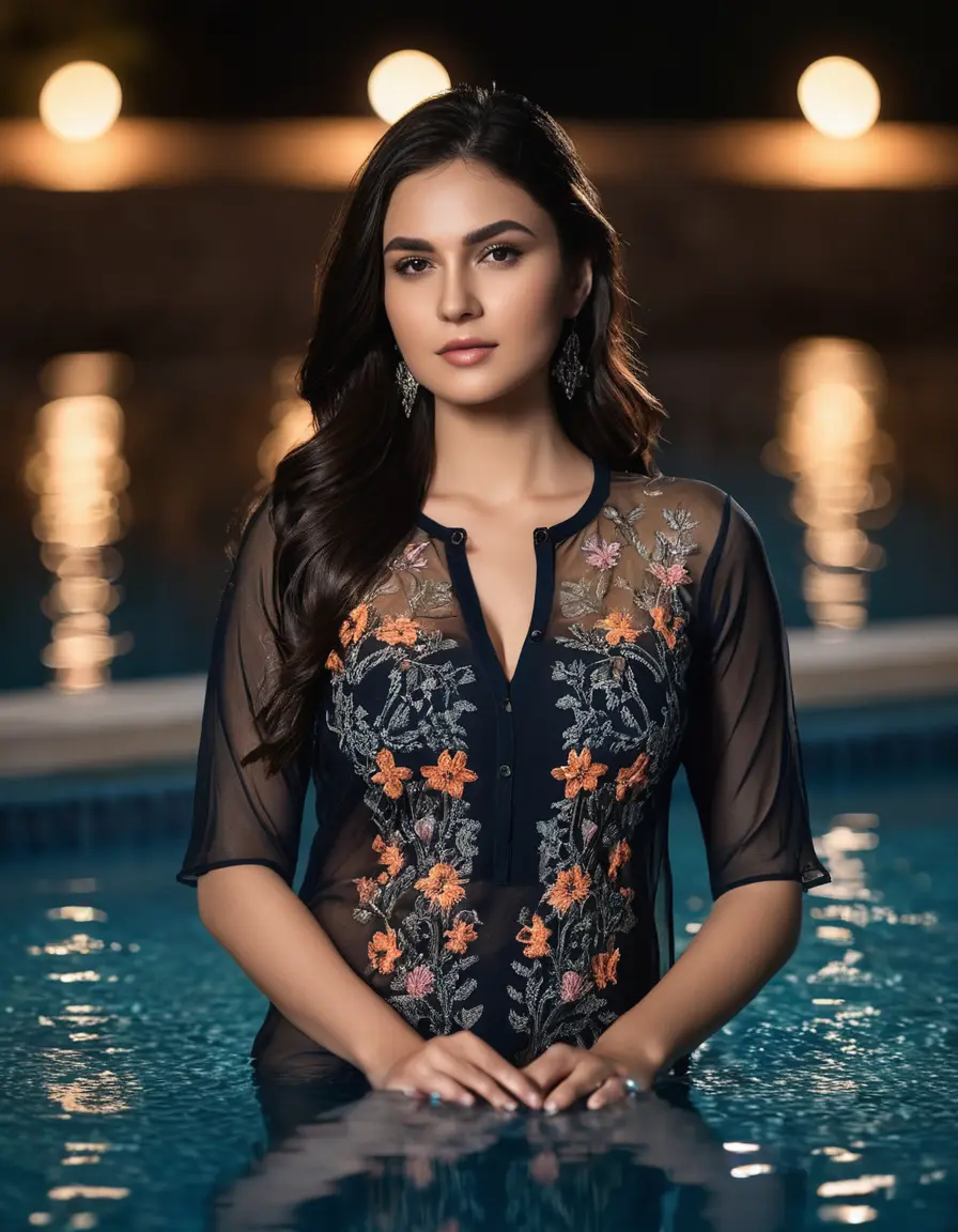 photo of young woman, in soaking wet, drenched clothes,
Very High heels, Chiffon Pants, Skin tight Cotton round neck open kurti with embroidery designs, half sleeve, transparent , ,Women in lying in luxury pool with ambient and mood lights,super close up, 
enjoying, wet clothes stuck to body,
detailed textures of the wet clothes, wet face, wet plastered hair,
wet, drenched, professional, high-quality details, full body view.
sharp focus, ultra-high pixel detail, realistic, high-quality, full colors, incredibly detailed, 4k, 8k, 16k, hyper-realistic, RAW photo, masterpiece, ultra-detailed, professionally color graded, professional photograph,  Stylish Straight open hairstyle , fully dark  , black straight hair, campfire , huge thick ass, clevage , thin chain on neck, no hair part, wearing a simple wrist watch 
