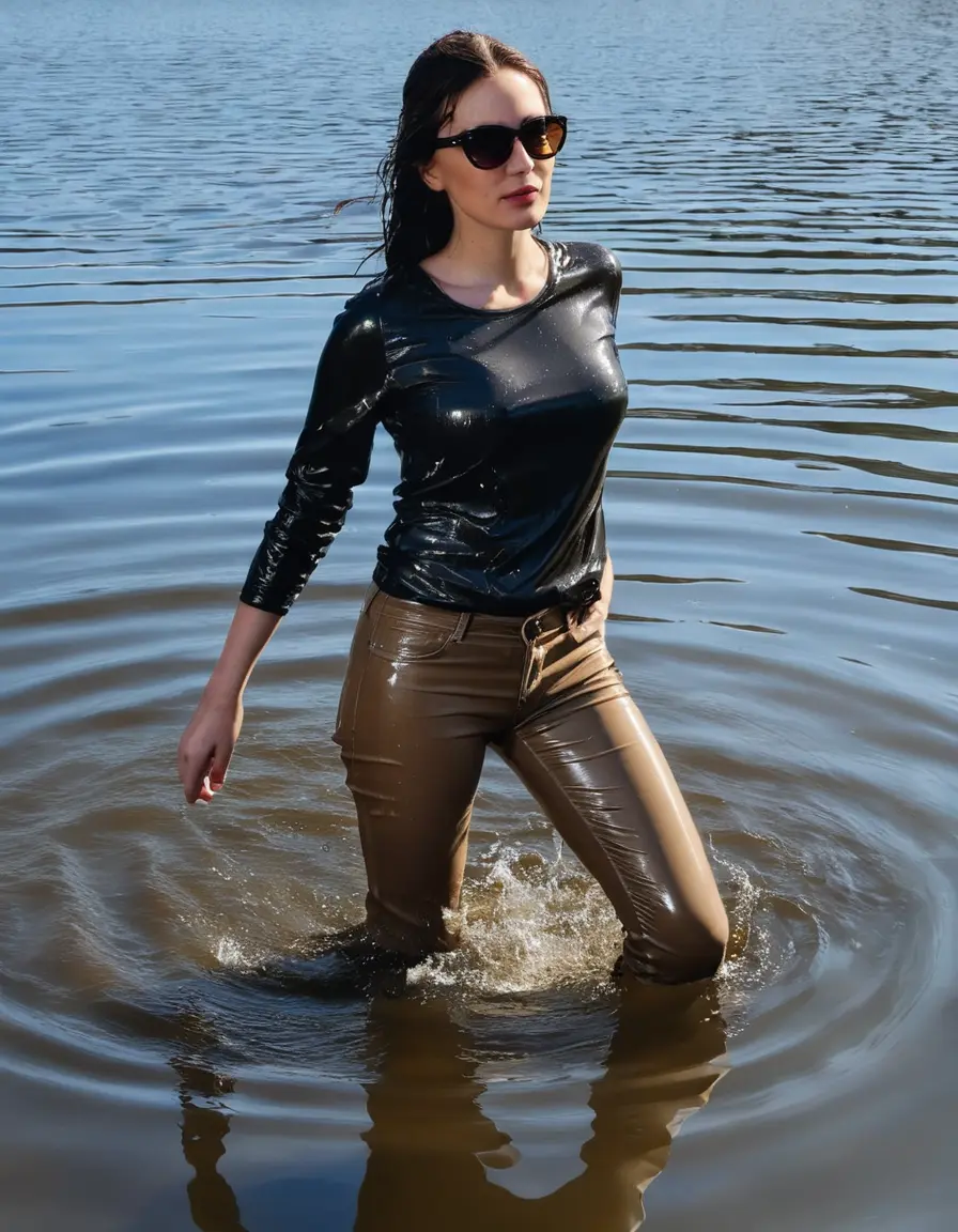 photo of young woman, in soaking wet, drenched clothes,
sneaker, light brown tight wet glistening office jeans trousers, black top, swiming in sunny lake, in deep water, sunny day, 
enjoying, wet clothes stuck to body,
detailed textures of the wet clothes, wet face, wet plastered hair,
wet, drenched, professional, high-quality details, full body view.
sharp focus, ultra-high pixel detail, realistic, high-quality, full colors, incredibly detailed, 4k, 8k, 16k, hyper-realistic, RAW photo, masterpiece, ultra-detailed, professionally color graded, professional photograph, woman 51 years old, black long hair, complete body, big lips, office sun light glasses