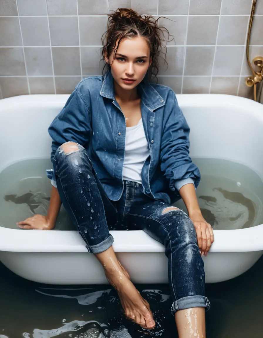 photo of young woman, in soaking wet, drenched clothes,
Jeans und Leggings , 1 Man Lay in a bathtub, 
enjoying, wet clothes stuck to body,
detailed textures of the wet clothes, wet face, wet plastered hair,
wet, drenched, professional, high-quality details, full body view.
sharp focus, ultra-high pixel detail, realistic, high-quality, full colors, incredibly detailed, 4k, 8k, 16k, hyper-realistic, RAW photo, masterpiece, ultra-detailed, professionally color graded, professional photograph