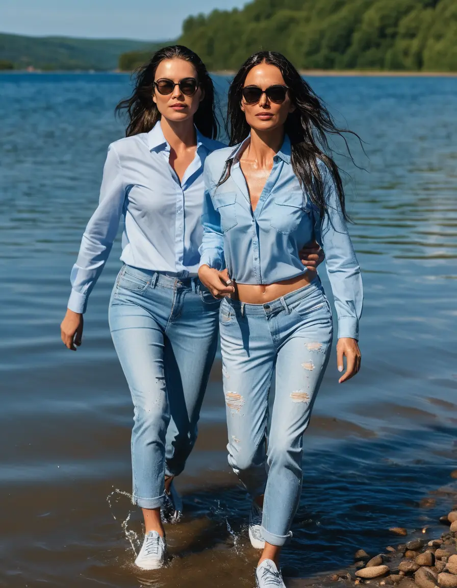 photo of young woman, in soaking wet, drenched clothes,
sneaker, light blue wet office jeans trousers, light blue jeans shirt with long sleeves, two women walking in sunny lake, sunny day, 
enjoying, wet clothes stuck to body,
detailed textures of the wet clothes, wet face, wet plastered hair,
wet, drenched, professional, high-quality details, full body view.
sharp focus, ultra-high pixel detail, realistic, high-quality, full colors, incredibly detailed, 4k, 8k, 16k, hyper-realistic, RAW photo, masterpiece, ultra-detailed, professionally color graded, professional photograph, woman 51 years old, black long hair, complete body, very big lips, office sun light glasses, open mouth