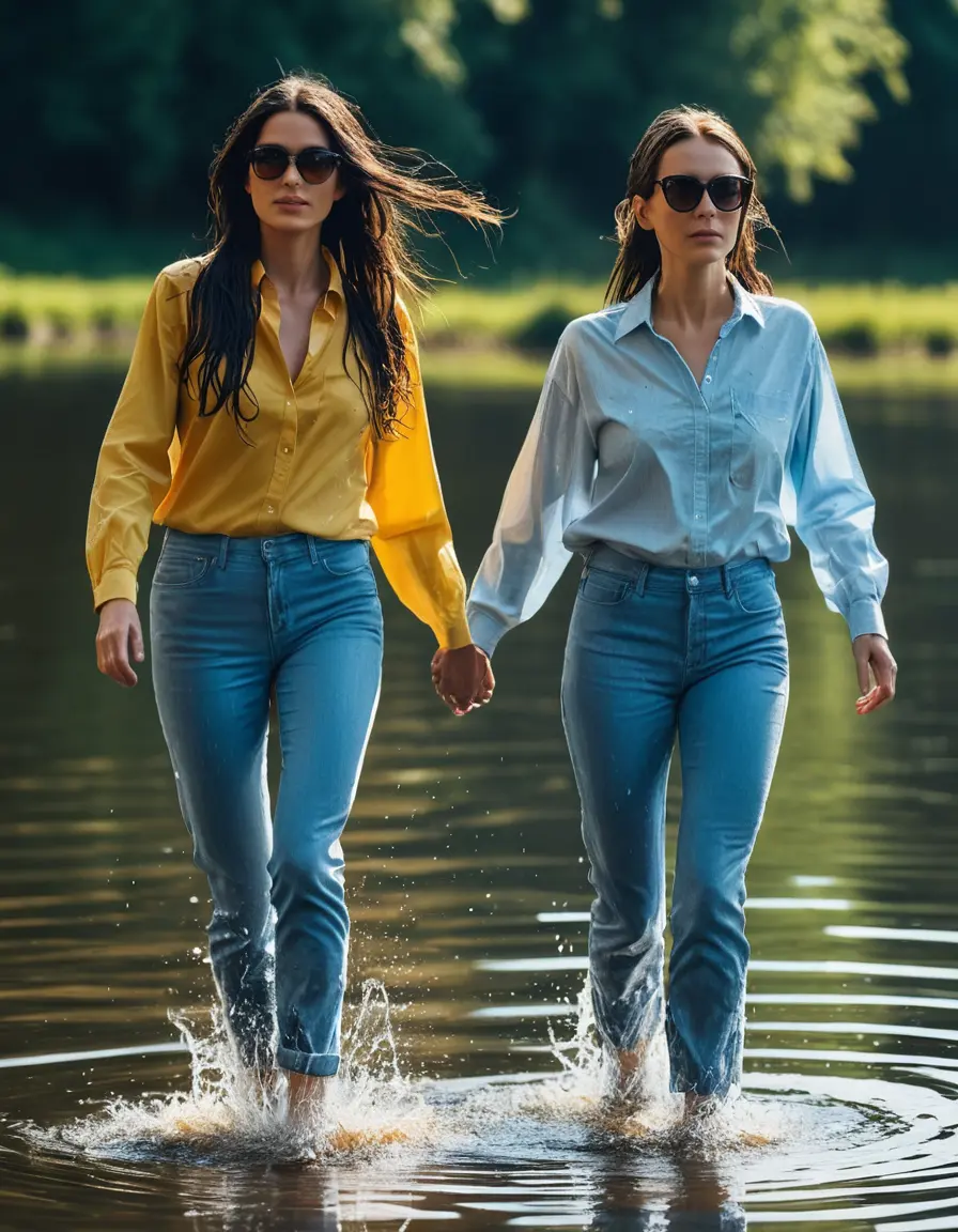 photo of young woman, in soaking wet, drenched clothes,
sneaker, light blue wet office jeans trousers, light blue jeans shirt with long sleeves, two women walking in sunny lake, sunny day, 
enjoying, wet clothes stuck to body,
detailed textures of the wet clothes, wet face, wet plastered hair,
wet, drenched, professional, high-quality details, full body view.
sharp focus, ultra-high pixel detail, realistic, high-quality, full colors, incredibly detailed, 4k, 8k, 16k, hyper-realistic, RAW photo, masterpiece, ultra-detailed, professionally color graded, professional photograph, woman 51 years old, black long hair, complete body, very big lips, office sun light glasses, open mouth