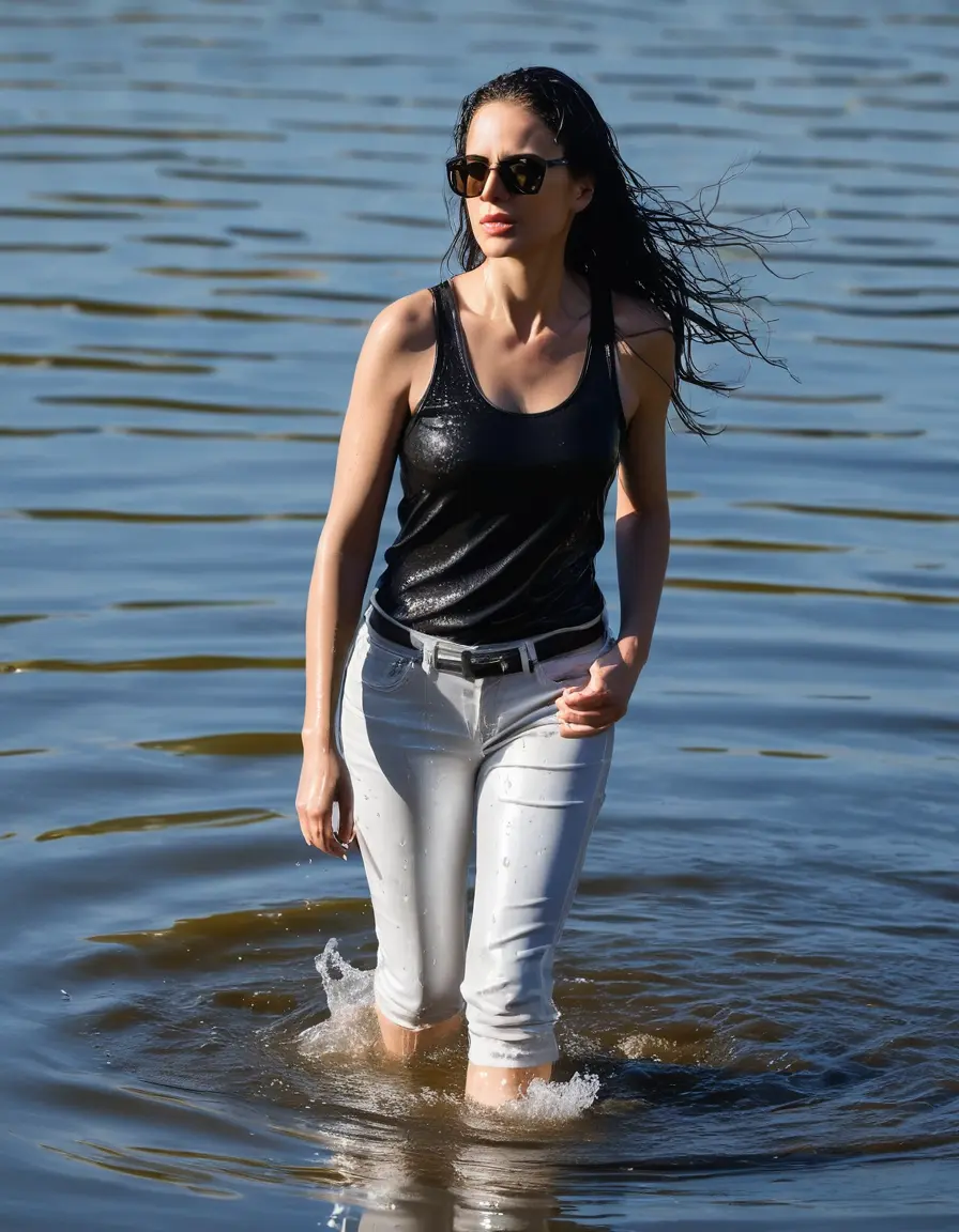 photo of young woman, in soaking wet, drenched clothes,
sneaker, white wet glistening office jeans trousers, black tank top, walking in sunny lake, sunny day, 
enjoying, wet clothes stuck to body,
detailed textures of the wet clothes, wet face, wet plastered hair,
wet, drenched, professional, high-quality details, full body view.
sharp focus, ultra-high pixel detail, realistic, high-quality, full colors, incredibly detailed, 4k, 8k, 16k, hyper-realistic, RAW photo, masterpiece, ultra-detailed, professionally color graded, professional photograph, woman 51 years old, black long hair, complete body, very big lips, office sun light glasses, open mouth