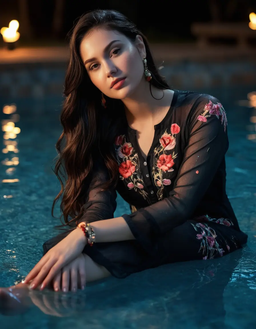 photo of young woman, in soaking wet, drenched clothes,
Very High heels, Chiffon Pants, Skin tight Cotton round neck open kurti with embroidery designs, half sleeve, transparent , ,Women in lying in luxury pool with ambient and mood lights,super close up, 
enjoying, wet clothes stuck to body,
detailed textures of the wet clothes, wet face, wet plastered hair,
wet, drenched, professional, high-quality details, full body view.
sharp focus, ultra-high pixel detail, realistic, high-quality, full colors, incredibly detailed, 4k, 8k, 16k, hyper-realistic, RAW photo, masterpiece, ultra-detailed, professionally color graded, professional photograph,  Stylish Straight open hairstyle , fully dark  , black straight hair, campfire , huge thick ass, clevage , thin chain on neck, no hair part, wearing a simple wrist watch 
