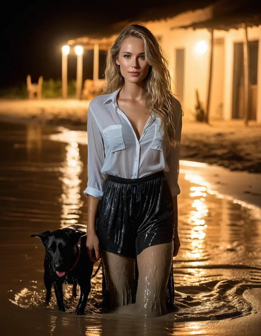 photo of young woman, in soaking wet, drenched clothes,
Muddy black High heels pumps, long tights, chiffon hemd, woman with dog, karibik white sand strand at night ambient light, Candlelight, boobs, spotlight, 
enjoying, wet clothes stuck to body,
detailed textures of the wet clothes, wet face, wet plastered hair,
wet, drenched, professional, high-quality details, full body view.
sharp focus, ultra-high pixel detail, realistic, high-quality, full colors, incredibly detailed, 4k, 8k, 16k, hyper-realistic, RAW photo, masterpiece, ultra-detailed, professionally color graded, professional photograph, HDR10, high resolution, blond long hair