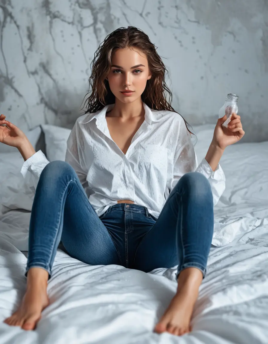 photo of young woman, in soaking wet, drenched clothes,
Thin tights, Wet Jeans und Leggings , 1 Man Lay in a bed, 
enjoying, wet clothes stuck to body,
detailed textures of the wet clothes, wet face, wet plastered hair,
wet, drenched, professional, high-quality details, full body view.
sharp focus, ultra-high pixel detail, realistic, high-quality, full colors, incredibly detailed, 4k, 8k, 16k, hyper-realistic, RAW photo, masterpiece, ultra-detailed, professionally color graded, professional photograph, Man