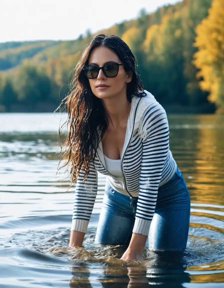 photo of young woman, in soaking wet, drenched clothes,
sneaker, long blue tight wet glistening high-waisted jeans, white striped sweater, swiming in sunny lake, under deep water, sunny day, 
enjoying, wet clothes stuck to body,
detailed textures of the wet clothes, wet face, wet plastered hair,
wet, drenched, professional, high-quality details, full body view.
sharp focus, ultra-high pixel detail, realistic, high-quality, full colors, incredibly detailed, 4k, 8k, 16k, hyper-realistic, RAW photo, masterpiece, ultra-detailed, professionally color graded, professional photograph, woman 51 years old, black long hair, complete body, office sun light glasses