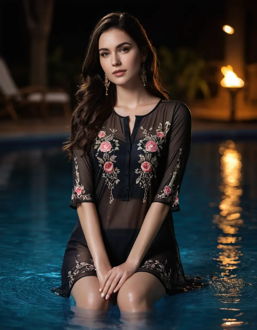 photo of young woman, in soaking wet, drenched clothes,
Very High heels, Chiffon Pants, Skin tight Cotton round neck open kurti with embroidery designs, half sleeve, transparent , ,Women in lying in luxury pool with ambient and mood lights,super close up, 
enjoying, wet clothes stuck to body,
detailed textures of the wet clothes, wet face, wet plastered hair,
wet, drenched, professional, high-quality details, full body view.
sharp focus, ultra-high pixel detail, realistic, high-quality, full colors, incredibly detailed, 4k, 8k, 16k, hyper-realistic, RAW photo, masterpiece, ultra-detailed, professionally color graded, professional photograph,  Stylish Straight open hairstyle , fully dark  , black straight hair, campfire , huge thick ass, clevage , thin chain on neck, no hair part, wearing a simple wrist watch 

