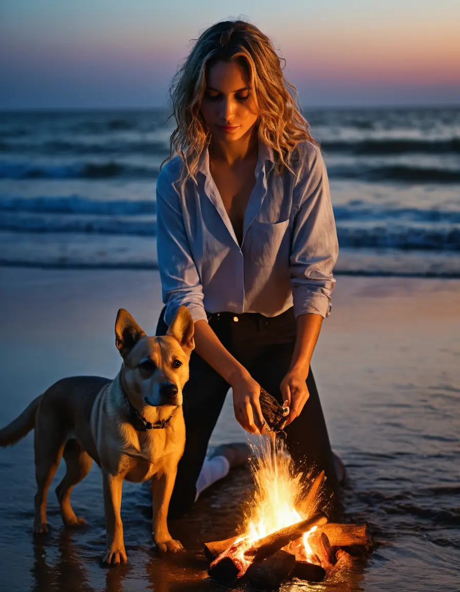photo of young woman, in soaking wet, drenched clothes,
socks, tight pants, chiffon hemd, woman with dog, karibik beach at night ambient light, campfire, boobs, spotlight, 
enjoying, wet clothes stuck to body,
detailed textures of the wet clothes, wet face, wet plastered hair,
wet, drenched, professional, high-quality details, full body view.
sharp focus, ultra-high pixel detail, realistic, high-quality, full colors, incredibly detailed, 4k, 8k, 16k, hyper-realistic, RAW photo, masterpiece, ultra-detailed, professionally color graded, professional photograph, HDR10, high resolution, blond long hair