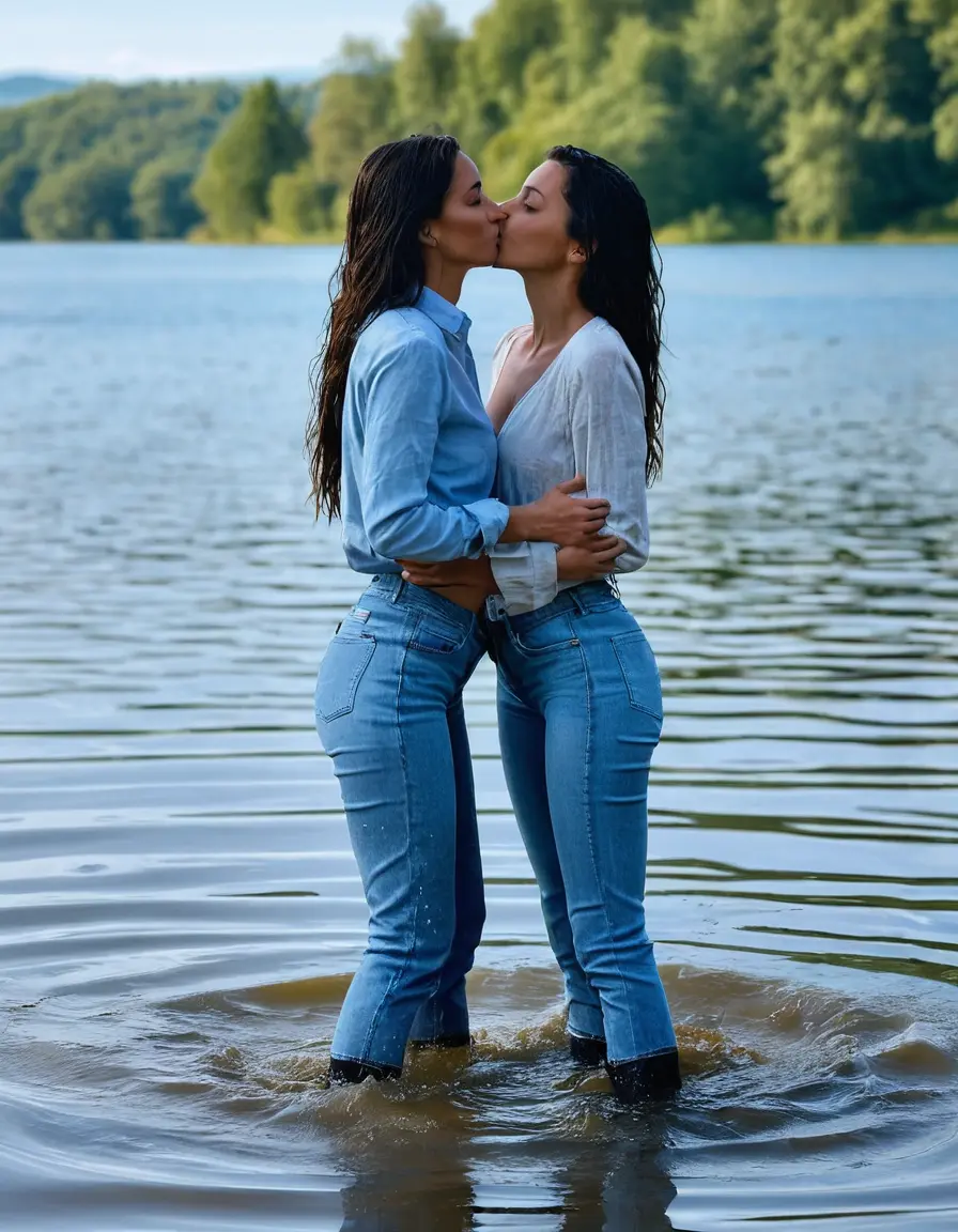 photo of young woman, in soaking wet, drenched clothes,
sneaker, light blue wet office jeans trousers, light blue jeans shirt with long sleeves, two women kissing in sunny lake, sunny day, 
enjoying, wet clothes stuck to body,
detailed textures of the wet clothes, wet face, wet plastered hair,
wet, drenched, professional, high-quality details, full body view.
sharp focus, ultra-high pixel detail, realistic, high-quality, full colors, incredibly detailed, 4k, 8k, 16k, hyper-realistic, RAW photo, masterpiece, ultra-detailed, professionally color graded, professional photograph, woman 51 years old, black long hair, complete body, very big lips, , open mouth