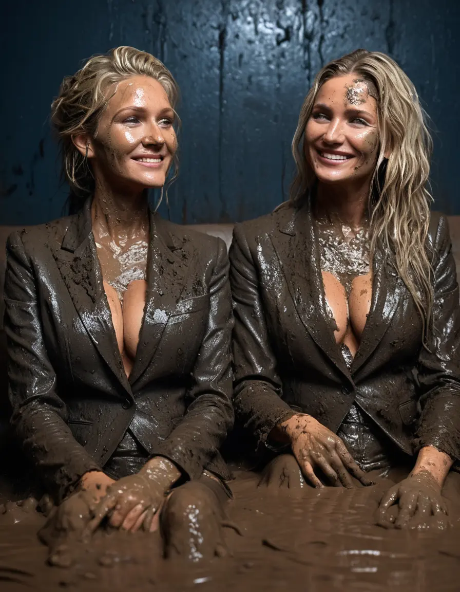 photo of young woman, in soaking wet, drenched clothes,
Black very high heels, Muddy long black suit trousers, Totally trashed and discoloured black muddy blazer like a fancy uniform over topless with huge muddy boobs, Muddy party in a dark muddy club. Mud splashed walls with mud-flooded floor. Dark mood lighting with pink and blue neon lights. Muddy furnitures and mud-covered sofas and chairs in the background., 
enjoying, wet clothes stuck to body,
detailed textures of the wet clothes, wet face, wet plastered hair,
wet, drenched, professional, high-quality details, full body view.
sharp focus, ultra-high pixel detail, realistic, high-quality, full colors, incredibly detailed, 4k, 8k, 16k, hyper-realistic, RAW photo, masterpiece, ultra-detailed, professionally color graded, professional photograph, Two elegant sixty years old skinny cute beautiful stunning blonde lesbian seductive tall business mature women are sitting in a mud-filled jacuzzi close to each other during the indoor muddy disco. Their expensive formal clothes are filled with mud and totally mud-covered. Total muddy appearance. The classy elegant club is totally destroyed by mud, deep liquid mud on the floor and on the couch, mud spots everywhere, mud flows down on the walls and mud on the furnitures in the background. Stylish straight long hairstyle, muddy hair, smiling mudy faces, blue eyes. The women enjoying to be muddy, be dirty and be sexy while they are enjoying the muddy fetish party. Realistic boobs, realistic huge saggy boobs and nipples and photorealistic detailed happy and satisfied facial expressions. Intimate close-up picture about the old women from above. High heels and trousers are visible on the photo. Close-up photo, highly realistic representation, ultra sharp focus, highly photorealistic detailed textures, highly photorealistic detailed facial features and expressions, highly photorealistic hands, highly emotional reactions, highly best quality, highly sharp photorealistic image, highly photorealistic details, full UHD resolution, 32 K, very high level of detail and image sharpness, zoomed in