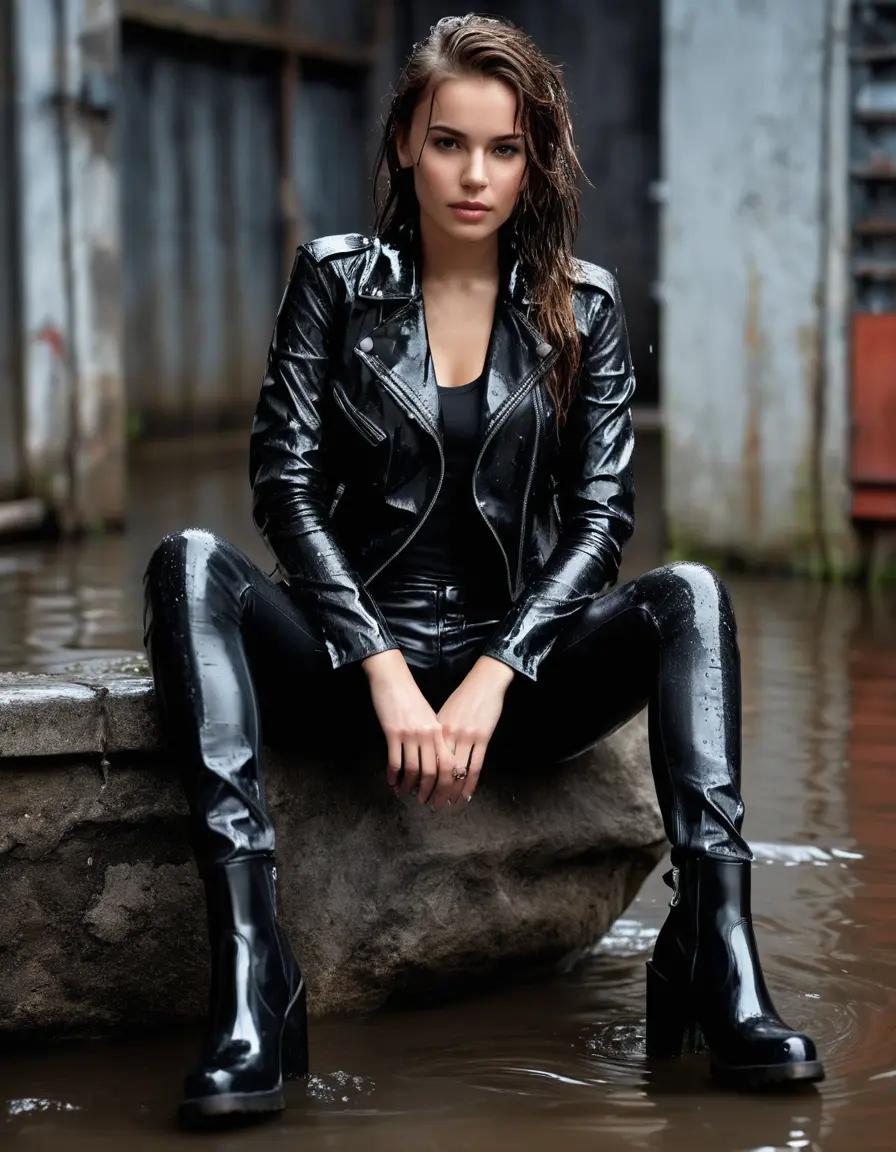 photo of young woman, in soaking wet, drenched clothes,
skin tight leather boots, black leather jeans, dripping wet black latex top with a black leather bikers jacket, Dark bar , blackout, flash Pic, 
enjoying, wet clothes stuck to body,
detailed textures of the wet clothes, wet face, wet plastered hair,
wet, drenched, professional, high-quality details, full body view.
sharp focus, ultra-high pixel detail, realistic, high-quality, full colors, incredibly detailed, 4k, 8k, 16k, hyper-realistic, RAW photo, masterpiece, ultra-detailed, professionally color graded, professional photograph