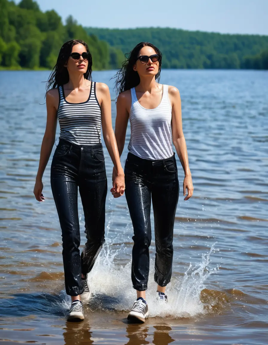 photo of young woman, in soaking wet, drenched clothes,
sneaker, black wet glistening office jeans trousers, white striped tank top, two women walking in sunny lake, sunny day, 
enjoying, wet clothes stuck to body,
detailed textures of the wet clothes, wet face, wet plastered hair,
wet, drenched, professional, high-quality details, full body view.
sharp focus, ultra-high pixel detail, realistic, high-quality, full colors, incredibly detailed, 4k, 8k, 16k, hyper-realistic, RAW photo, masterpiece, ultra-detailed, professionally color graded, professional photograph, woman 51 years old, black long hair, complete body, very big lips, office sun light glasses, open mouth