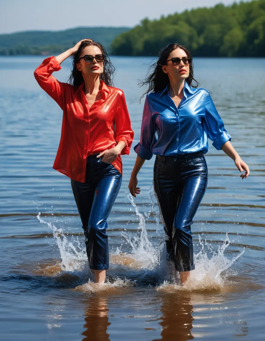 photo of young woman, in soaking wet, drenched clothes,
sneaker, blue  wet glistening office jeans trousers, red silk satin shirt, two women walking in sunny lake, sunny day, 
enjoying, wet clothes stuck to body,
detailed textures of the wet clothes, wet face, wet plastered hair,
wet, drenched, professional, high-quality details, full body view.
sharp focus, ultra-high pixel detail, realistic, high-quality, full colors, incredibly detailed, 4k, 8k, 16k, hyper-realistic, RAW photo, masterpiece, ultra-detailed, professionally color graded, professional photograph, woman 51 years old, black long hair, complete body, very big lips, office sun light glasses, open mouth