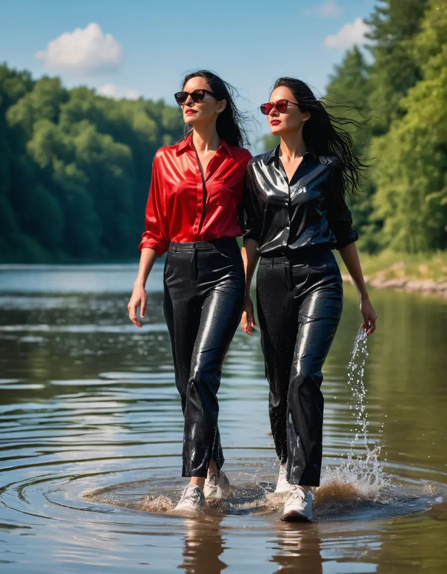 photo of young woman, in soaking wet, drenched clothes,
sneaker, black wet glistening office jeans trousers, red silk satin shirt, two women walking in sunny lake, sunny day, 
enjoying, wet clothes stuck to body,
detailed textures of the wet clothes, wet face, wet plastered hair,
wet, drenched, professional, high-quality details, full body view.
sharp focus, ultra-high pixel detail, realistic, high-quality, full colors, incredibly detailed, 4k, 8k, 16k, hyper-realistic, RAW photo, masterpiece, ultra-detailed, professionally color graded, professional photograph, woman 51 years old, black long hair, complete body, very big lips, office sun light glasses, open mouth