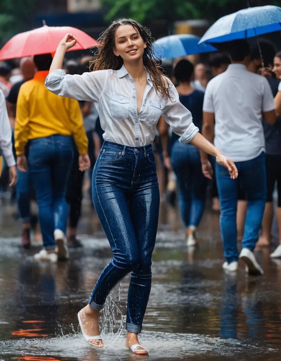 photo of young woman, in soaking wet, drenched clothes,
White Heels, wet long dark blue tight glistening high-waisted levis jeans, dripping wet, kurti long, dancing on a parade in heavy downpour, 
enjoying, wet clothes stuck to body,
detailed textures of the wet clothes, wet face, wet plastered hair,
wet, drenched, professional, high-quality details, full body view.
sharp focus, ultra-high pixel detail, realistic, high-quality, full colors, incredibly detailed, 4k, 8k, 16k, hyper-realistic, RAW photo, masterpiece, ultra-detailed, professionally color graded, professional photograph