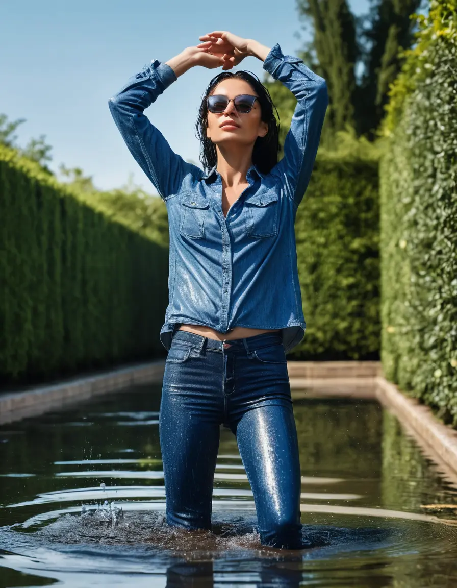 photo of young woman, in soaking wet, drenched clothes,
sneaker, long blue tight wet glistening high-waisted jeans, blue jeans shirt with long sleeves, under shower in the flooded garden, sunny day, 
enjoying, wet clothes stuck to body,
detailed textures of the wet clothes, wet face, wet plastered hair,
wet, drenched, professional, high-quality details, full body view.
sharp focus, ultra-high pixel detail, realistic, high-quality, full colors, incredibly detailed, 4k, 8k, 16k, hyper-realistic, RAW photo, masterpiece, ultra-detailed, professionally color graded, professional photograph, woman 51 years old, black long hair, complete body, office sun light glasses