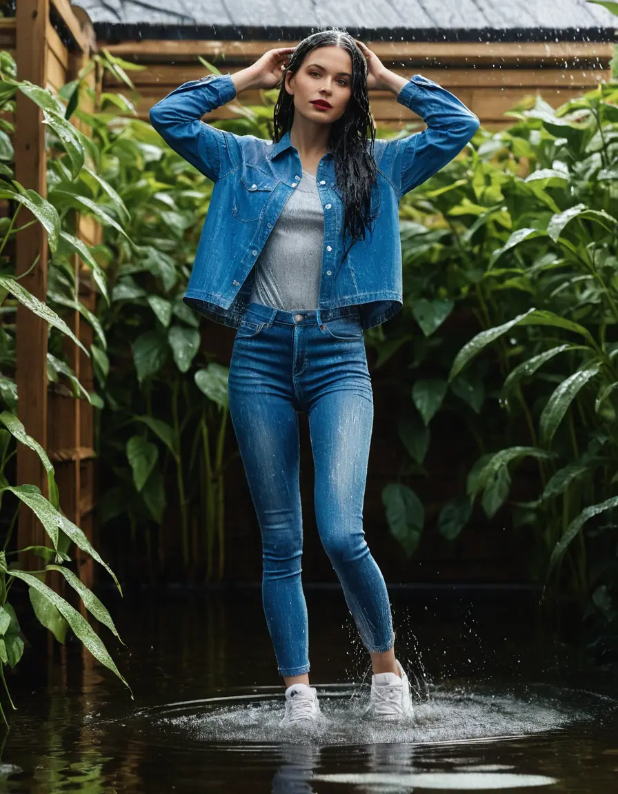photo of young woman, in soaking wet, drenched clothes,
sneaker, long blue tight wet glistening high-waisted jeans, blue jeans shirt with long sleeves, under shower in the flooded garden, sunny day, 
enjoying, wet clothes stuck to body,
detailed textures of the wet clothes, wet face, wet plastered hair,
wet, drenched, professional, high-quality details, full body view.
sharp focus, ultra-high pixel detail, realistic, high-quality, full colors, incredibly detailed, 4k, 8k, 16k, hyper-realistic, RAW photo, masterpiece, ultra-detailed, professionally color graded, professional photograph, woman 51 years old, black long hair, big and thick black lips, large round earrings, complete body, office light glasses