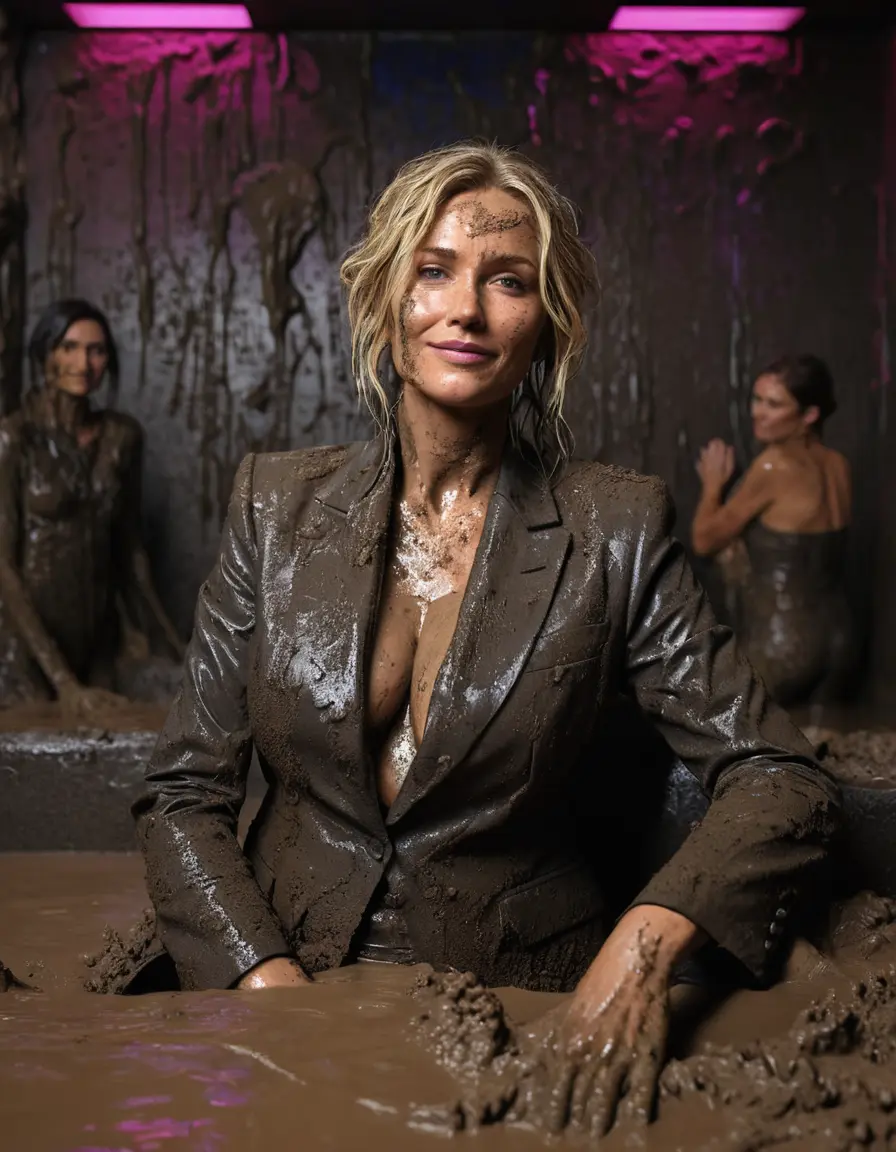 photo of young woman, in soaking wet, drenched clothes,
Black very high heels, Muddy long black suit trousers, Totally trashed and discoloured black muddy blazer like a fancy uniform over topless with huge muddy boobs, Muddy party in a dark muddy club. Mud splashed walls with mud-flooded floor. Dark mood lighting with pink and blue neon lights. Muddy furnitures and mud-covered sofas and chairs in the background., 
enjoying, wet clothes stuck to body,
detailed textures of the wet clothes, wet face, wet plastered hair,
wet, drenched, professional, high-quality details, full body view.
sharp focus, ultra-high pixel detail, realistic, high-quality, full colors, incredibly detailed, 4k, 8k, 16k, hyper-realistic, RAW photo, masterpiece, ultra-detailed, professionally color graded, professional photograph, Three elegant sixty years old skinny cute beautiful stunning blonde lesbian seductive tall business mature women are relaxing in a mud-filled jacuzzi close to each other like crazy mud creatures during the indoor muddy disco. Their expensive formal clothes are filled with mud and totally mud-covered. Total muddy appearance. The classy elegant club is totally destroyed by mud, deep liquid mud on the floor and on the couch, mud spots everywhere, mud flows down on the walls and mud on the furnitures in the background. Stylish straight long hairstyle, muddy hair, smiling mudy faces, blue eyes. The women enjoying to be muddy, be dirty and be sexy while they are enjoying the muddy fetish party. Realistic boobs, realistic huge saggy boobs and nipples and photorealistic detailed happy and satisfied facial expressions. Intimate close-up picture about the old women from above. High heels and trousers are visible on the photo. Close-up photo, highly realistic representation, ultra sharp focus, highly photorealistic detailed textures, highly photorealistic detailed facial features and expressions, highly photorealistic hands, highly emotional reactions, highly best quality, highly sharp photorealistic image, highly photorealistic details, full UHD resolution, 32 K, very high level of detail and image sharpness, zoomed in