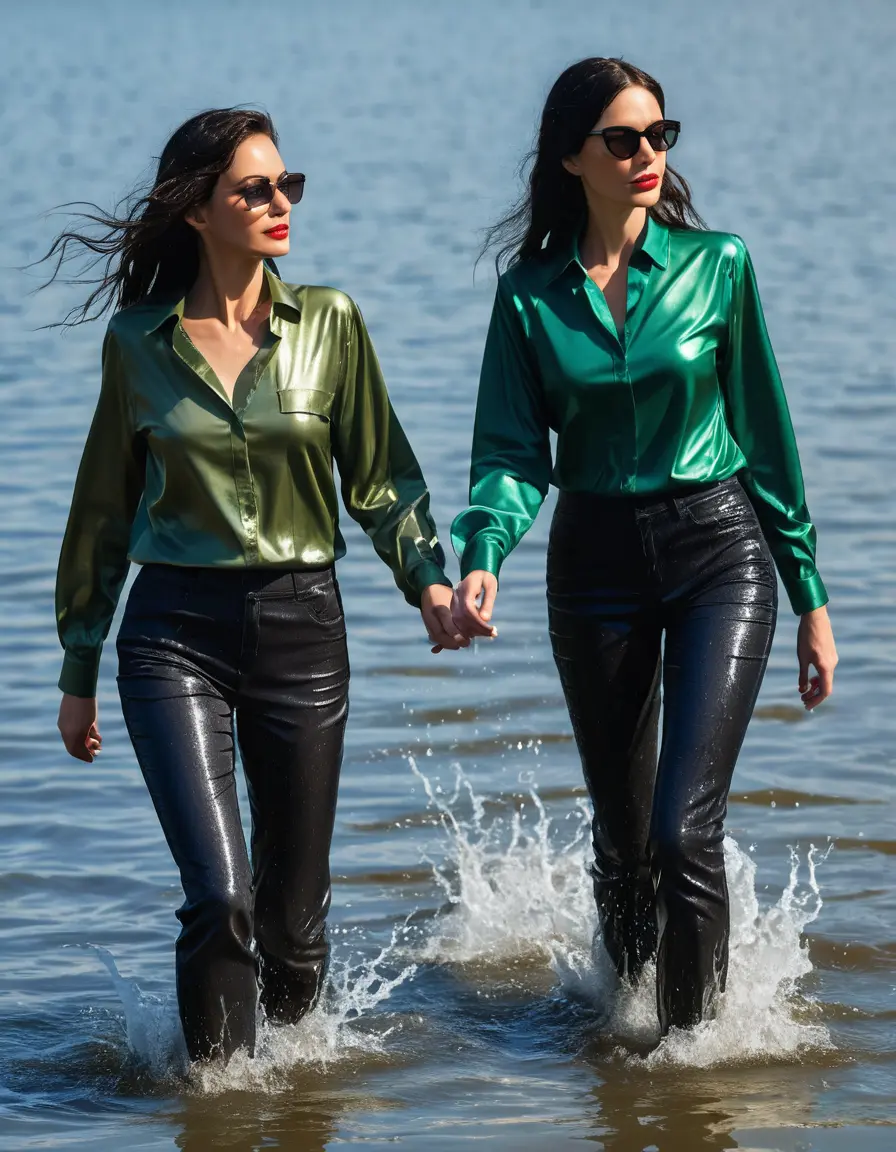 photo of young woman, in soaking wet, drenched clothes,
sneaker, black wet glistening office jeans trousers, green silk satin shirt, two women walking in sunny lake, sunny day, 
enjoying, wet clothes stuck to body,
detailed textures of the wet clothes, wet face, wet plastered hair,
wet, drenched, professional, high-quality details, full body view.
sharp focus, ultra-high pixel detail, realistic, high-quality, full colors, incredibly detailed, 4k, 8k, 16k, hyper-realistic, RAW photo, masterpiece, ultra-detailed, professionally color graded, professional photograph, woman 51 years old, black long hair, complete body, very big lips, office sun light glasses, open mouth