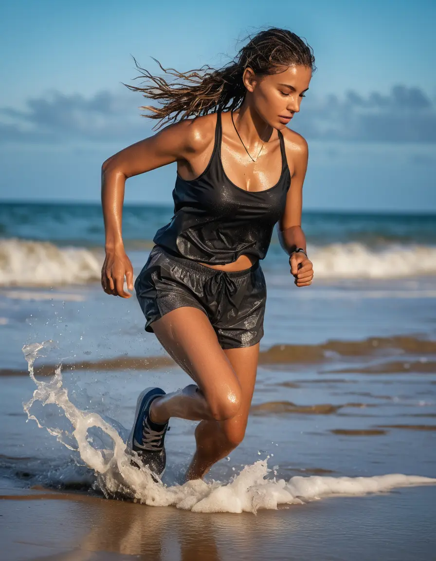 photo of young woman, in soaking wet, drenched clothes,
running sneaker, tight pants and thin tights, chiffon hemd, karibik beach, boobs, spotlight, 
enjoying, wet clothes stuck to body,
detailed textures of the wet clothes, wet face, wet plastered hair,
wet, drenched, professional, high-quality details, full body view.
sharp focus, ultra-high pixel detail, realistic, high-quality, full colors, incredibly detailed, 4k, 8k, 16k, hyper-realistic, RAW photo, masterpiece, ultra-detailed, professionally color graded, professional photograph
