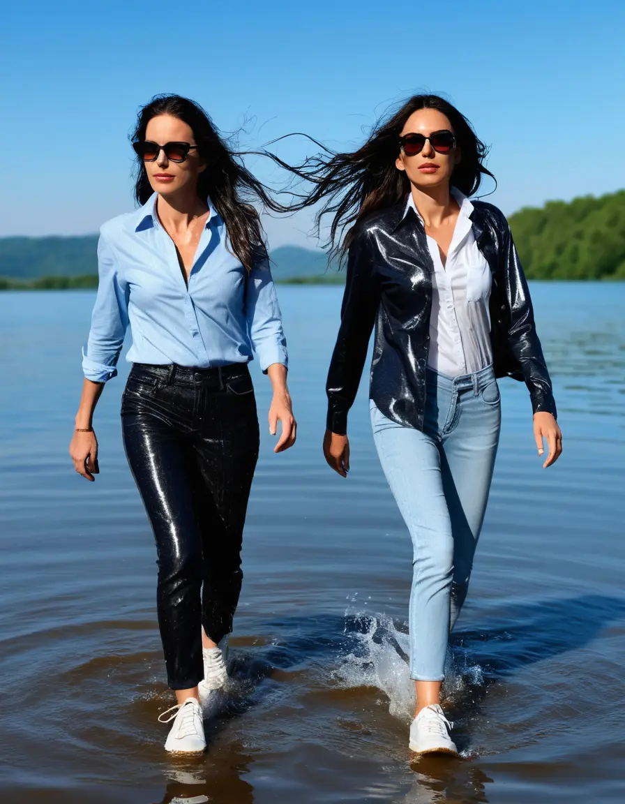 photo of young woman, in soaking wet, drenched clothes,
sneaker, black wet glistening office jeans trousers, light blue jeans shirt, two women walking in sunny lake, sunny day, 
enjoying, wet clothes stuck to body,
detailed textures of the wet clothes, wet face, wet plastered hair,
wet, drenched, professional, high-quality details, full body view.
sharp focus, ultra-high pixel detail, realistic, high-quality, full colors, incredibly detailed, 4k, 8k, 16k, hyper-realistic, RAW photo, masterpiece, ultra-detailed, professionally color graded, professional photograph, woman 51 years old, black long hair, complete body, very big lips, office sun light glasses, open mouth