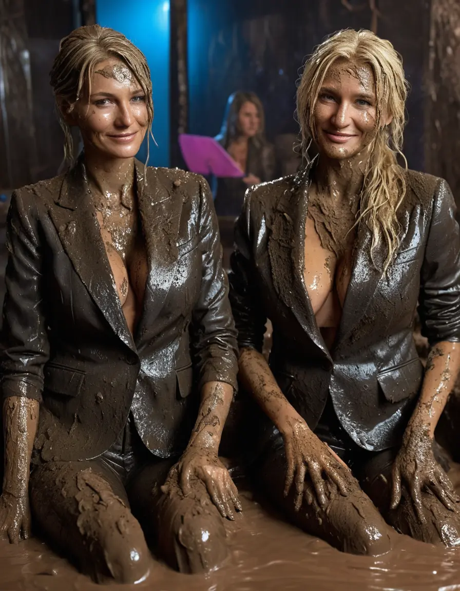 photo of young woman, in soaking wet, drenched clothes,
Black very high heels, Muddy long black suit trousers, Totally trashed and discoloured black muddy blazer like a fancy uniform over topless with huge muddy boobs, Muddy party in a dark muddy club. Mud splashed walls with mud-flooded floor. Dark mood lighting with pink and blue neon lights. Muddy furnitures and mud-covered sofas and chairs in the background., 
enjoying, wet clothes stuck to body,
detailed textures of the wet clothes, wet face, wet plastered hair,
wet, drenched, professional, high-quality details, full body view.
sharp focus, ultra-high pixel detail, realistic, high-quality, full colors, incredibly detailed, 4k, 8k, 16k, hyper-realistic, RAW photo, masterpiece, ultra-detailed, professionally color graded, professional photograph, Three elegant sixty years old skinny cute beautiful stunning blonde lesbian seductive tall business mature women are relaxing in a mud-filled jacuzzi close to each other like crazy mud creatures during the indoor muddy disco. Their expensive formal clothes are filled with mud and totally mud-covered. Total muddy appearance. The classy elegant club is totally destroyed by mud, deep liquid mud on the floor and on the couch, mud spots everywhere, mud flows down on the walls and mud on the furnitures in the background. Stylish straight long hairstyle, muddy hair, smiling mudy faces, blue eyes. The women enjoying to be muddy, be dirty and be sexy while they are enjoying the muddy fetish party. Realistic boobs, realistic huge saggy boobs and nipples and photorealistic detailed happy and satisfied facial expressions. Intimate close-up picture about the old women from above. High heels and trousers are visible on the photo. Close-up photo, highly realistic representation, ultra sharp focus, highly photorealistic detailed textures, highly photorealistic detailed facial features and expressions, highly photorealistic hands, highly emotional reactions, highly best quality, highly sharp photorealistic image, highly photorealistic details, full UHD resolution, 32 K, very high level of detail and image sharpness, zoomed in