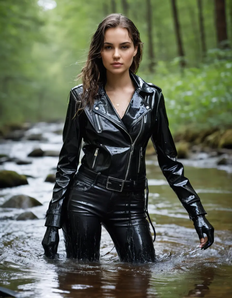 photo of young woman, in soaking wet, drenched clothes,
skin tight leather boots, black leather jeans, dripping wet black latex top with a black leather bikers jacket, playing in a fast flowing creek in the forrest, 
enjoying, wet clothes stuck to body,
detailed textures of the wet clothes, wet face, wet plastered hair,
wet, drenched, professional, high-quality details, full body view.
sharp focus, ultra-high pixel detail, realistic, high-quality, full colors, incredibly detailed, 4k, 8k, 16k, hyper-realistic, RAW photo, masterpiece, ultra-detailed, professionally color graded, professional photograph