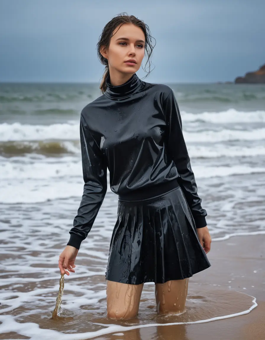 photo of young woman, in soaking wet, drenched clothes,
Satin pumps, leggings underneath a black school skirt, turtleneck sweater, standing on the beach, 
enjoying, wet clothes stuck to body,
detailed textures of the wet clothes, wet face, wet plastered hair,
wet, drenched, professional, high-quality details, full body view.
sharp focus, ultra-high pixel detail, realistic, high-quality, full colors, incredibly detailed, 4k, 8k, 16k, hyper-realistic, RAW photo, masterpiece, ultra-detailed, professionally color graded, professional photograph