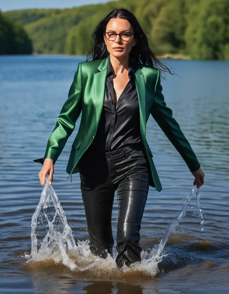 photo of young woman, in soaking wet, drenched clothes,
sneaker, black wet glistening office jeans trousers, green silk satin shirt, black blazer, mature woman walking in sunny lake, sunny day, 
enjoying, wet clothes stuck to body,
detailed textures of the wet clothes, wet face, wet plastered hair,
wet, drenched, professional, high-quality details, full body view.
sharp focus, ultra-high pixel detail, realistic, high-quality, full colors, incredibly detailed, 4k, 8k, 16k, hyper-realistic, RAW photo, masterpiece, ultra-detailed, professionally color graded, professional photograph, woman 51 years old, black long hair, complete body, very big lips, office glasses, open mouth