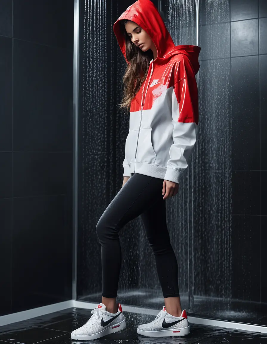 photo of young woman, in soaking wet, drenched clothes,
White nike tanjun sneakers, black jeans, Red nike hoodie, Shower, 
enjoying, wet clothes stuck to body,
detailed textures of the wet clothes, wet face, wet plastered hair,
wet, drenched, professional, high-quality details, full body view.
sharp focus, ultra-high pixel detail, realistic, high-quality, full colors, incredibly detailed, 4k, 8k, 16k, hyper-realistic, RAW photo, masterpiece, ultra-detailed, professionally color graded, professional photograph