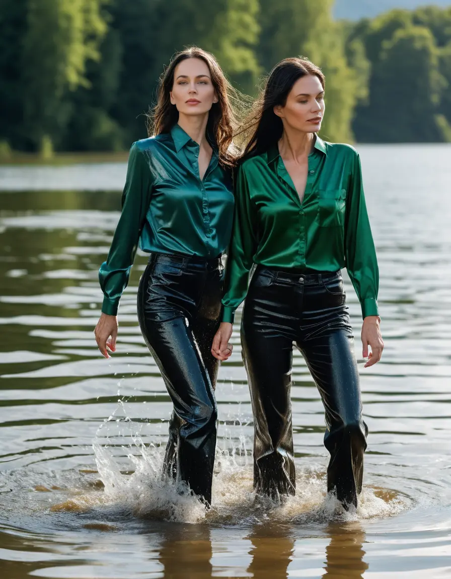 photo of young woman, in soaking wet, drenched clothes,
sneaker, black wet glistening office jeans trousers, green silk satin shirt, two mature women walking in sunny lake, sunny day, 
enjoying, wet clothes stuck to body,
detailed textures of the wet clothes, wet face, wet plastered hair,
wet, drenched, professional, high-quality details, full body view.
sharp focus, ultra-high pixel detail, realistic, high-quality, full colors, incredibly detailed, 4k, 8k, 16k, hyper-realistic, RAW photo, masterpiece, ultra-detailed, professionally color graded, professional photograph, woman 51 years old, black long hair, complete body, very big lips,, open mouth