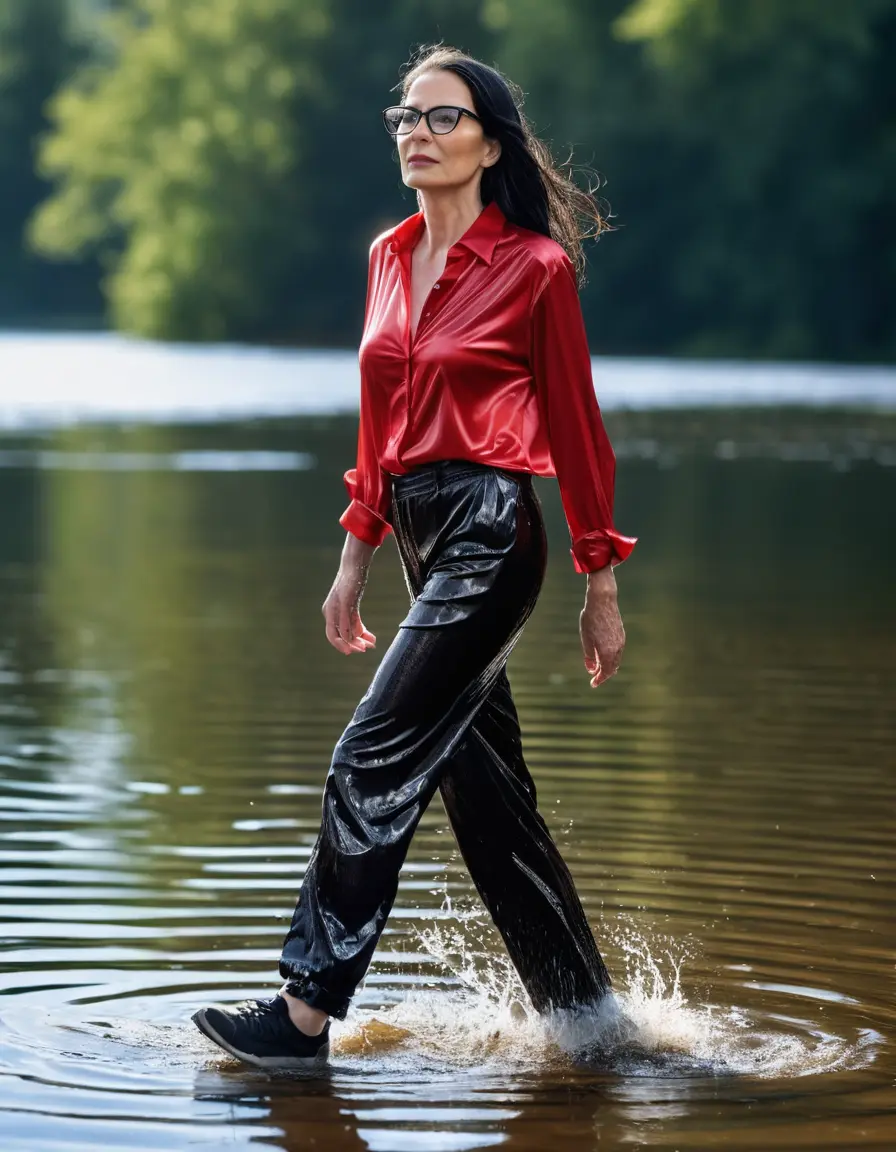 photo of young woman, in soaking wet, drenched clothes,
sneaker, black wet glistening office trousers, red silk satin shirt, mature woman walking in sunny lake, sunny day, 
enjoying, wet clothes stuck to body,
detailed textures of the wet clothes, wet face, wet plastered hair,
wet, drenched, professional, high-quality details, full body view.
sharp focus, ultra-high pixel detail, realistic, high-quality, full colors, incredibly detailed, 4k, 8k, 16k, hyper-realistic, RAW photo, masterpiece, ultra-detailed, professionally color graded, professional photograph, woman 51 years old, black long hair, complete body, very big thin lips, office glasses, open mouth