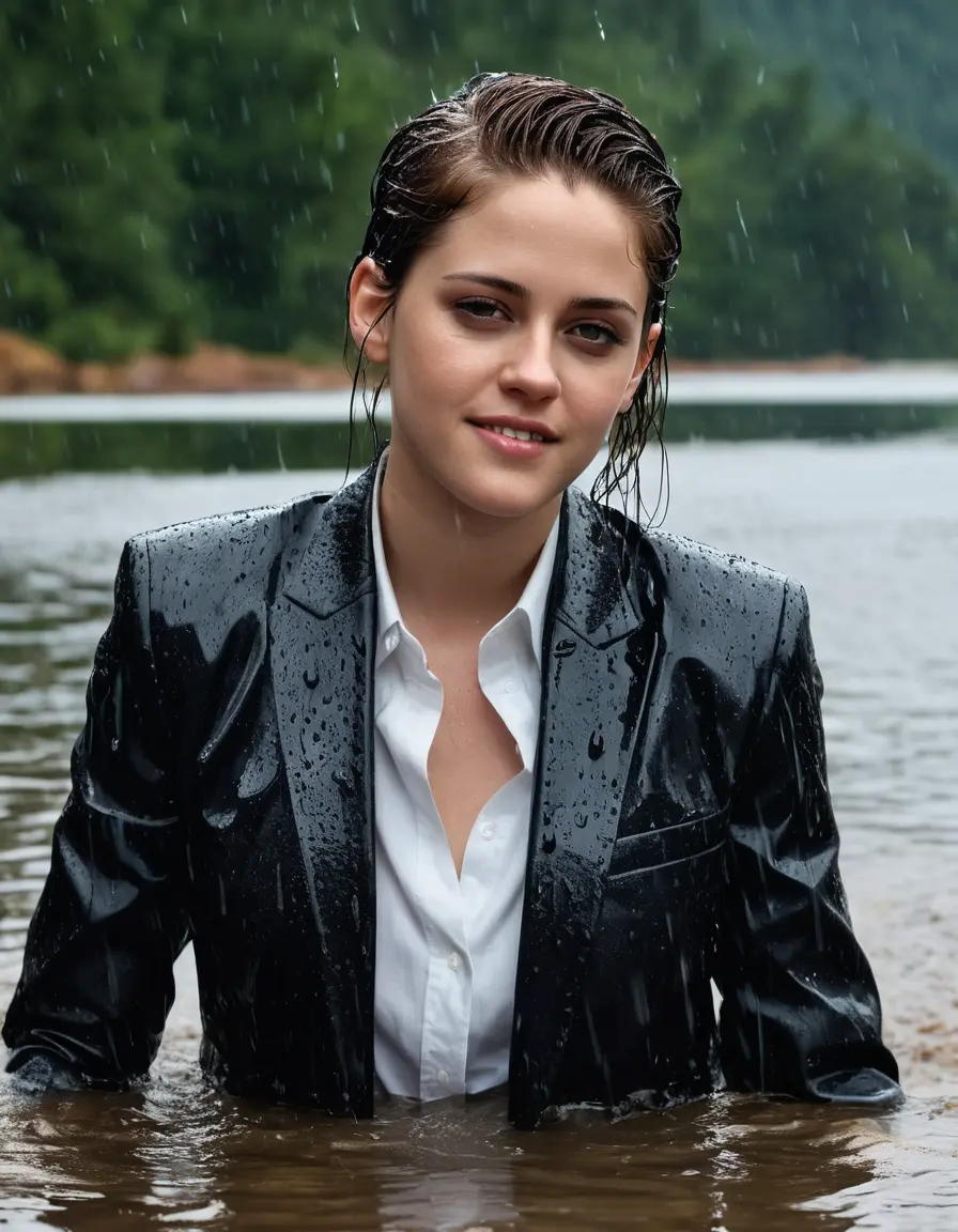 photo of young woman, in soaking wet, drenched clothes,
Black Business Trouser, Black Business Suit Jacket with white button down long sleeve business Shirt, Clear deep Mountain Lake, heavy rain, 
enjoying, wet clothes stuck to body,
detailed textures of the wet clothes, wet face, wet plastered hair,
wet, drenched, professional, high-quality details, full body view.
sharp focus, ultra-high pixel detail, realistic, high-quality, full colors, incredibly detailed, 4k, 8k, 16k, hyper-realistic, RAW photo, masterpiece, ultra-detailed, professionally color graded, professional photograph, Kristen Stewart, completely soaked, fully drenched, completely wet, wetlook, heavy rain, she smiles, side parting, open hair, rain storm, heavy rain, she swimms in water