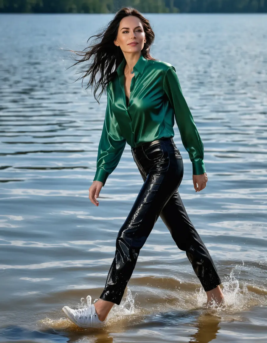 photo of young woman, in soaking wet, drenched clothes,
sneaker, black wet glistening office jeans trousers, green silk satin shirt, mature woman walking in sunny lake, sunny day, 
enjoying, wet clothes stuck to body,
detailed textures of the wet clothes, wet face, wet plastered hair,
wet, drenched, professional, high-quality details, full body view.
sharp focus, ultra-high pixel detail, realistic, high-quality, full colors, incredibly detailed, 4k, 8k, 16k, hyper-realistic, RAW photo, masterpiece, ultra-detailed, professionally color graded, professional photograph, woman 51 years old, black long hair, complete body, very big lips, s, open mouth