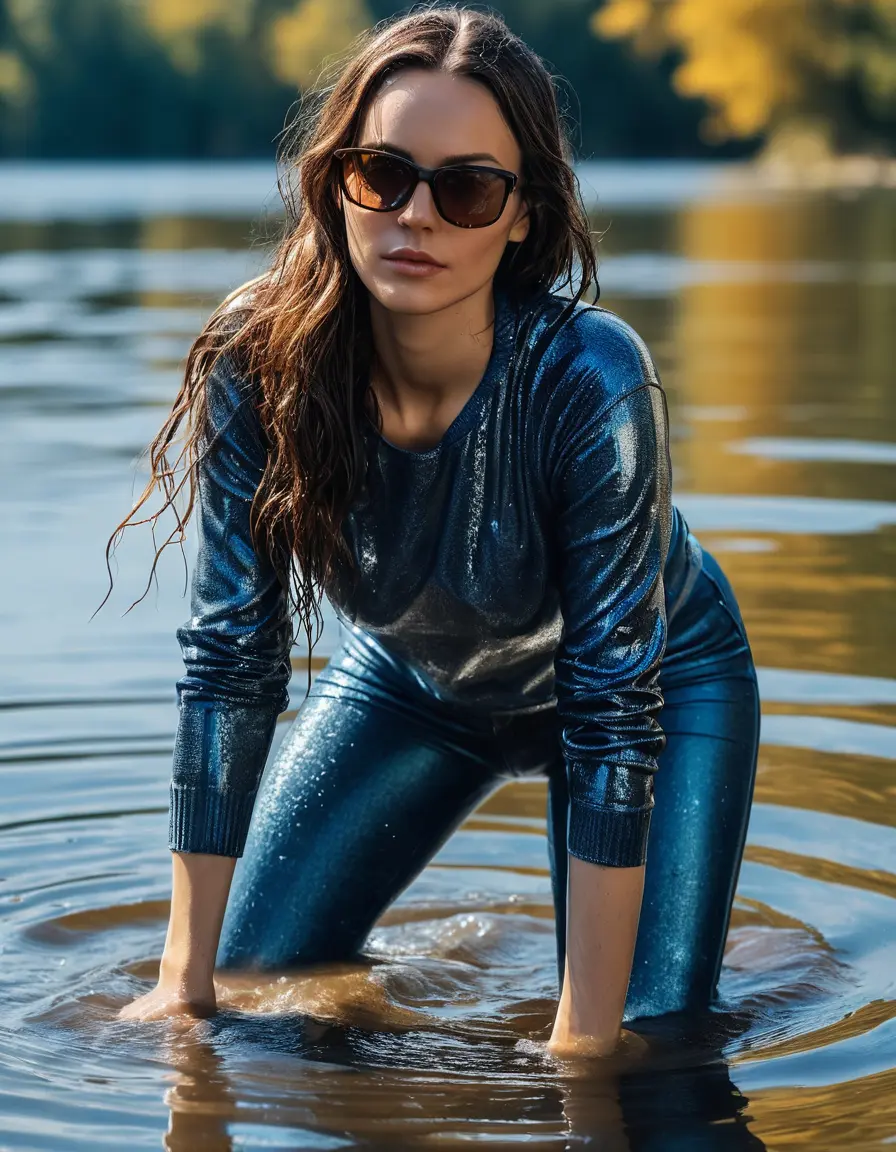 photo of young woman, in soaking wet, drenched clothes,
sneaker, long blue tight wet glistening high-waisted jeans, brown sweater, swiming in sunny lake, under deep water, sunny day, 
enjoying, wet clothes stuck to body,
detailed textures of the wet clothes, wet face, wet plastered hair,
wet, drenched, professional, high-quality details, full body view.
sharp focus, ultra-high pixel detail, realistic, high-quality, full colors, incredibly detailed, 4k, 8k, 16k, hyper-realistic, RAW photo, masterpiece, ultra-detailed, professionally color graded, professional photograph, woman 51 years old, black long hair, complete body, office sun light glasses