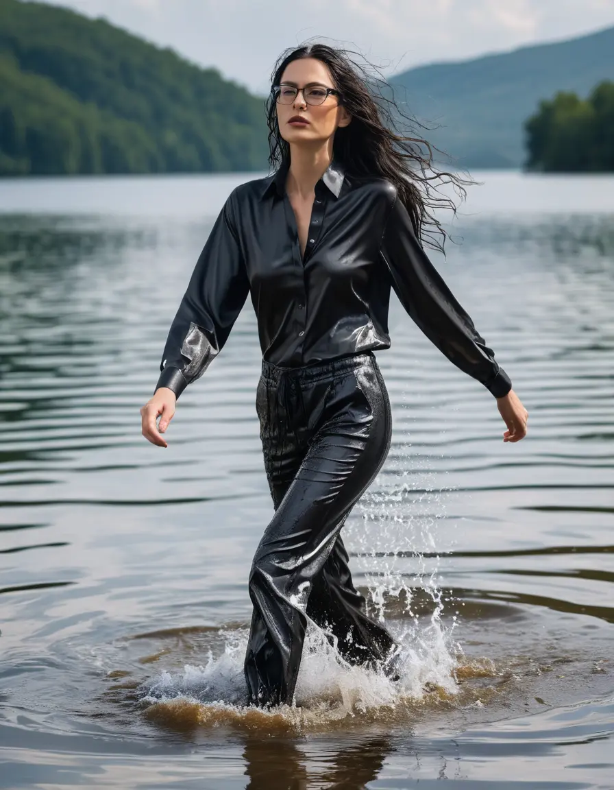 photo of young woman, in soaking wet, drenched clothes,
sneaker, black wet glistening office trousers, black silk satin shirt, woman walking in sunny lake, sunny day, 
enjoying, wet clothes stuck to body,
detailed textures of the wet clothes, wet face, wet plastered hair,
wet, drenched, professional, high-quality details, full body view.
sharp focus, ultra-high pixel detail, realistic, high-quality, full colors, incredibly detailed, 4k, 8k, 16k, hyper-realistic, RAW photo, masterpiece, ultra-detailed, professionally color graded, professional photograph, woman 51 years old, black long hair, complete body, very big thin lips, office glasses, open mouth