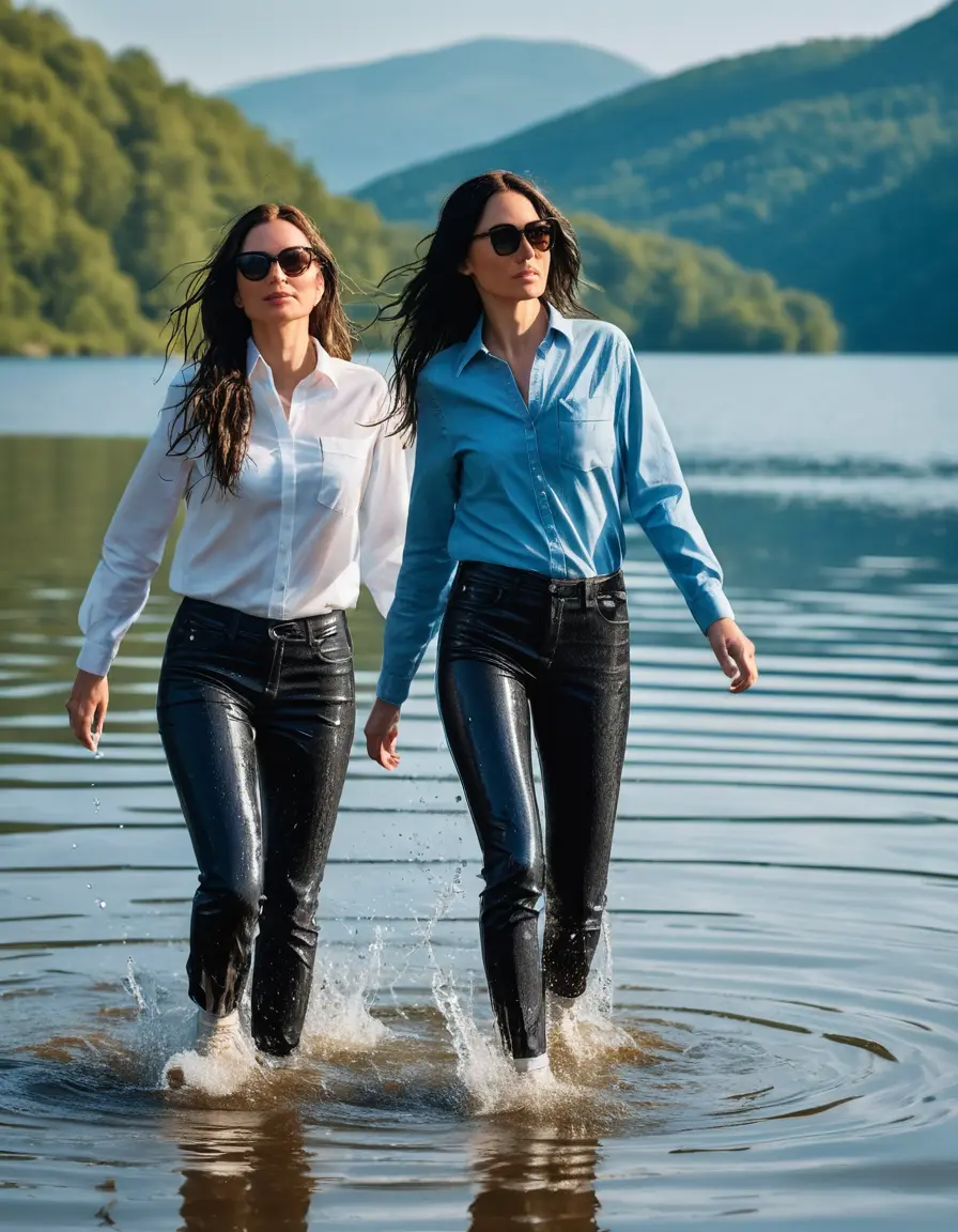 photo of young woman, in soaking wet, drenched clothes,
sneaker, black wet glistening office jeans trousers, light blue jeans shirt, two women walking in sunny lake, sunny day, 
enjoying, wet clothes stuck to body,
detailed textures of the wet clothes, wet face, wet plastered hair,
wet, drenched, professional, high-quality details, full body view.
sharp focus, ultra-high pixel detail, realistic, high-quality, full colors, incredibly detailed, 4k, 8k, 16k, hyper-realistic, RAW photo, masterpiece, ultra-detailed, professionally color graded, professional photograph, woman 51 years old, black long hair, complete body, very big lips, office sun light glasses, open mouth